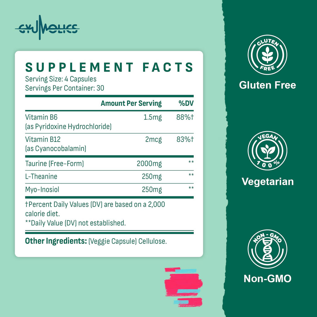 Gyumolics Taurine 2000mg – 5-in-1 Plant-Based Amino Acid Supplement (L-Theanine, Myo-Inositol, B6 & B12)