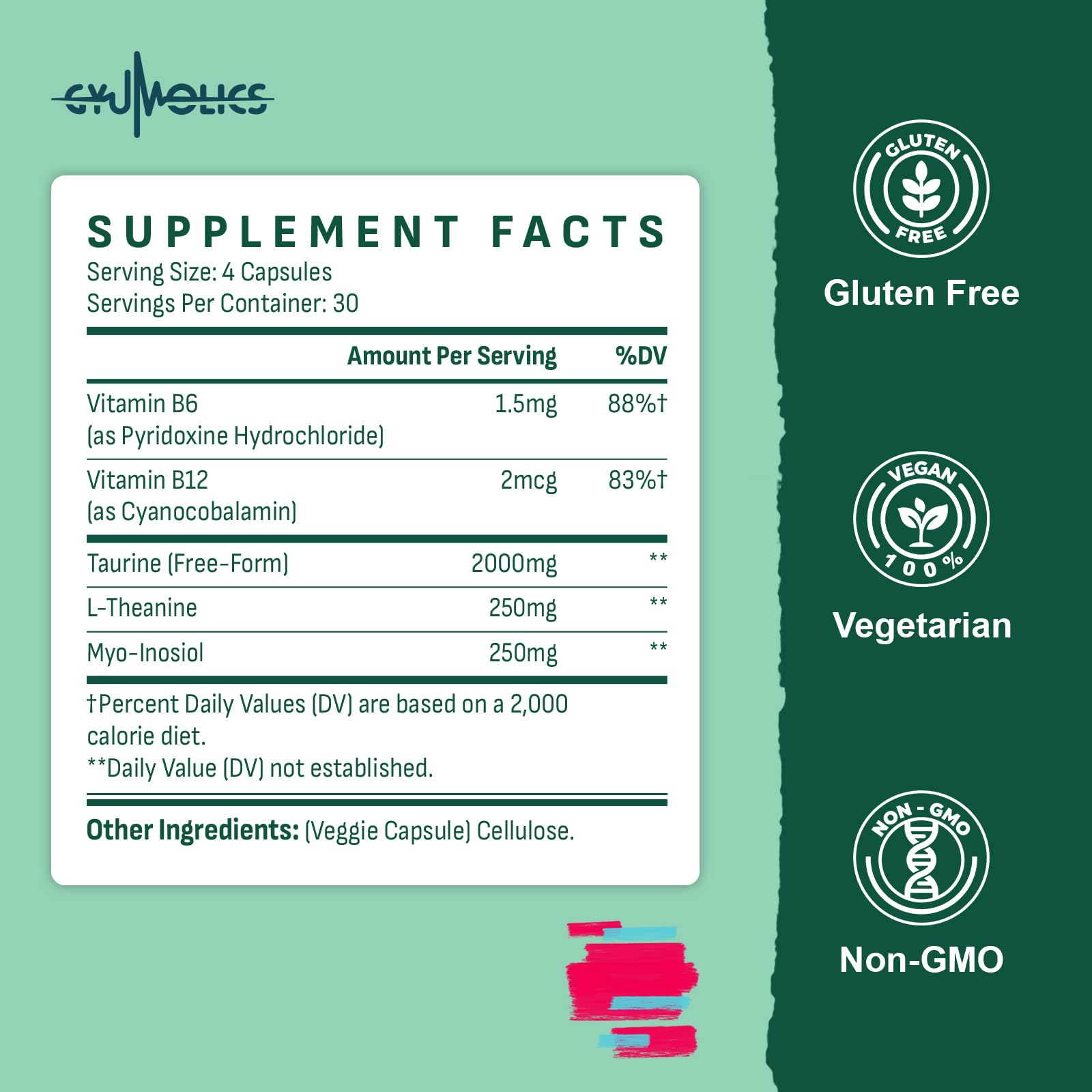 Gyumolics Taurine 2000mg – 5-in-1 Plant-Based Amino Acid Supplement (L-Theanine, Myo-Inositol, B6 & B12)