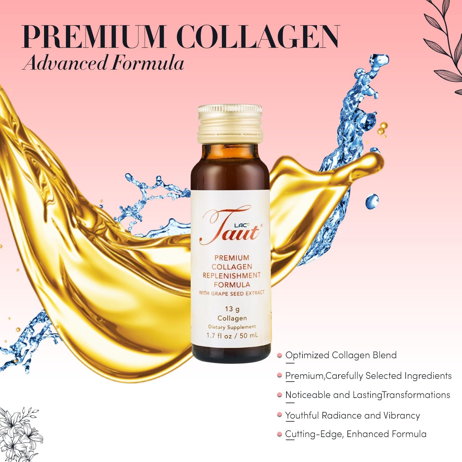 TAUT Liquid Collagen for Women – 13,000mg Marine Collagen + Hyaluronic Acid (8 Bottles)