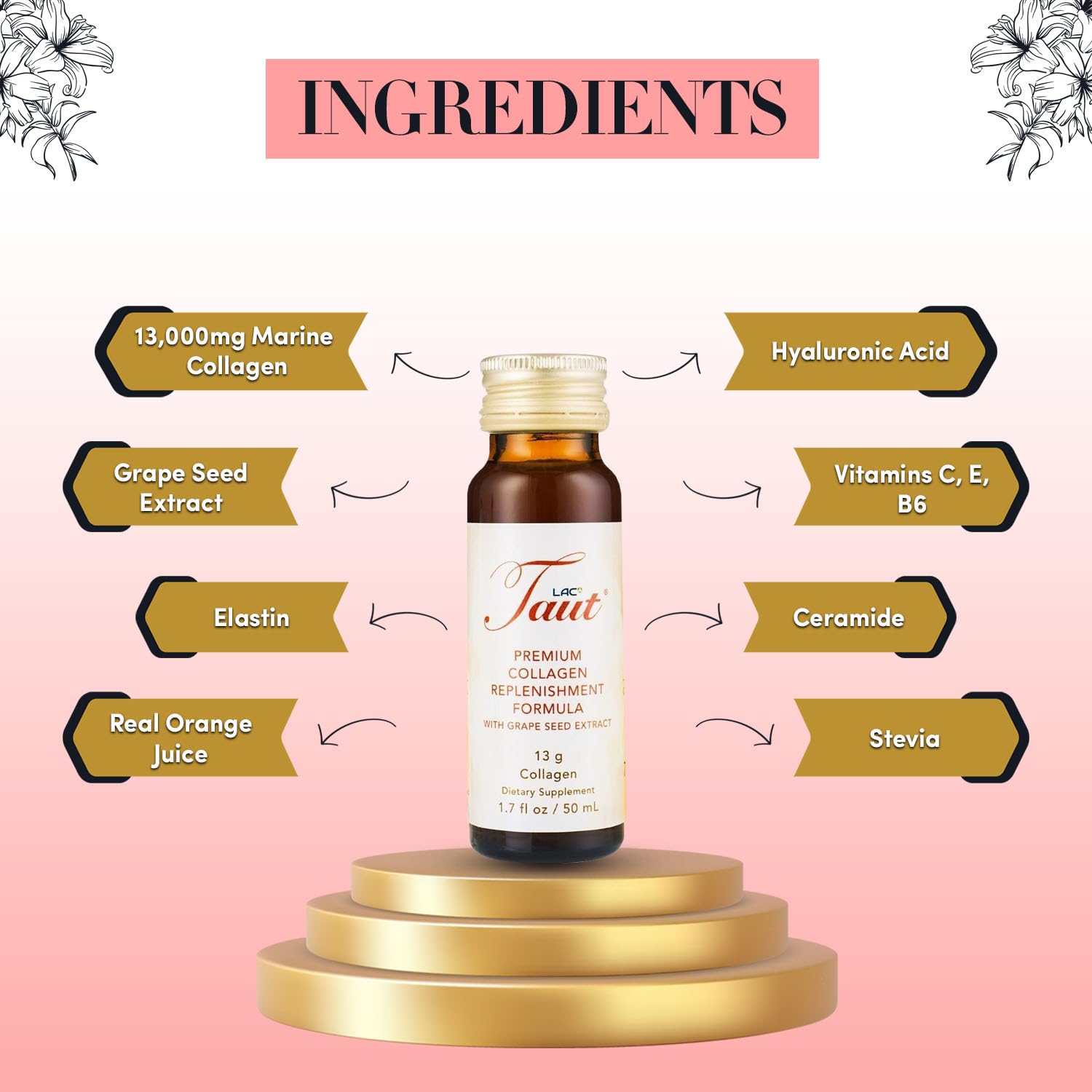 TAUT Liquid Collagen for Women – 13,000mg Marine Collagen + Hyaluronic Acid (8 Bottles)
