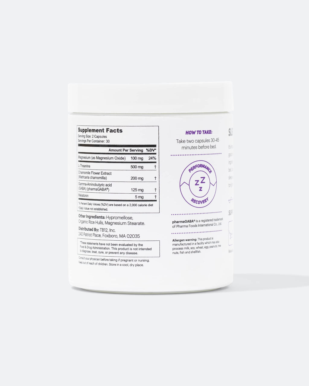 TB12 Sleep - Sleep Support with Magnesium, L-Theanine, Chamomile, GABA & Melatonin