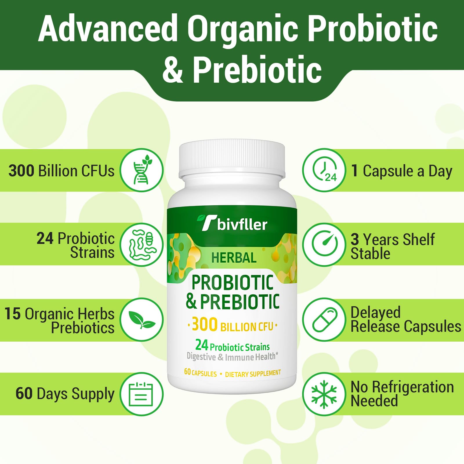 Tbivfller Probiotics for Women & Men — 300B CFU, 24 Strains, 15 Organic Herbs, 4 Month Supply