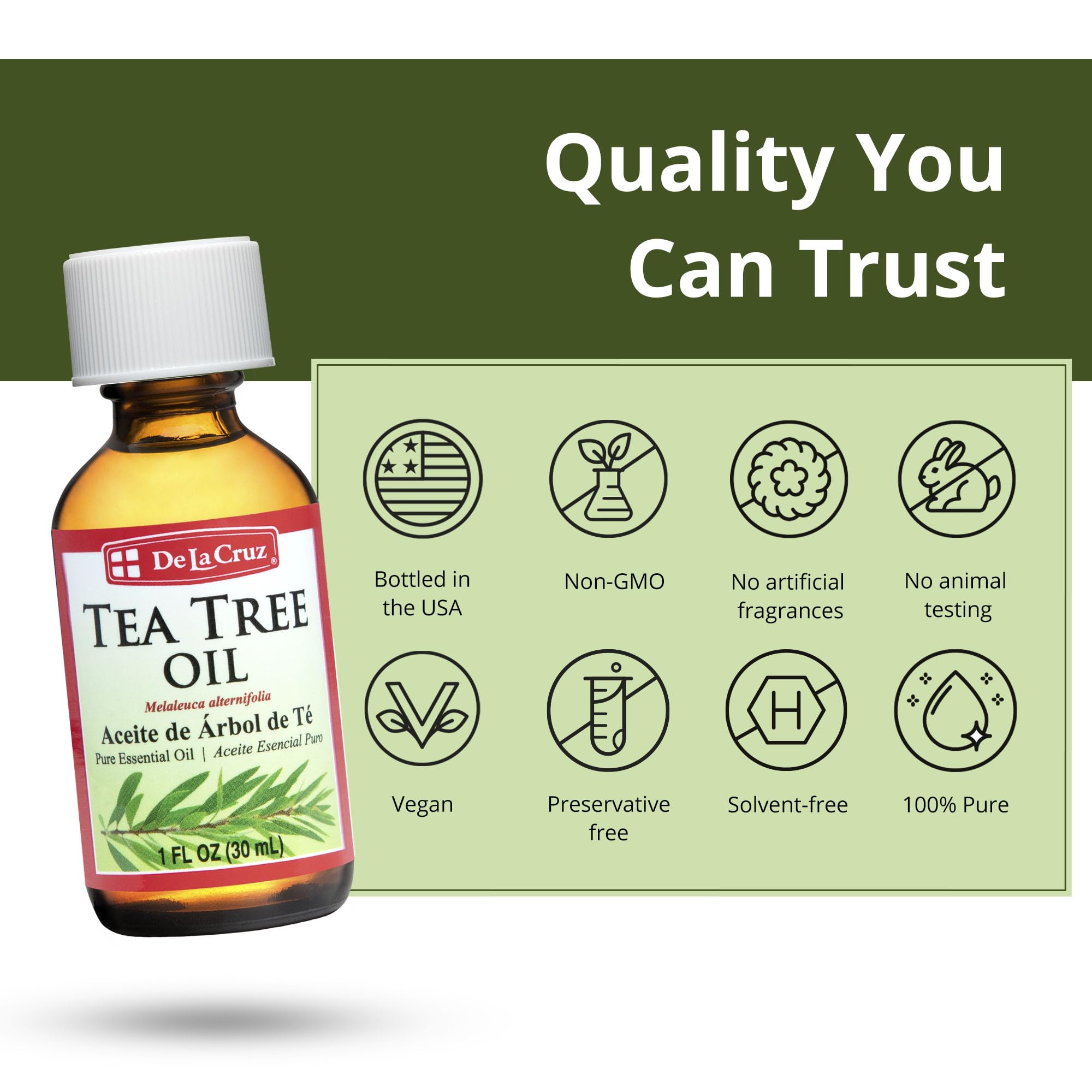 De La Cruz 100% Pure Tea Tree Essential Oil from Australia - Steam Distilled for Aromatherapy - 1 FL OZ (30 mL)