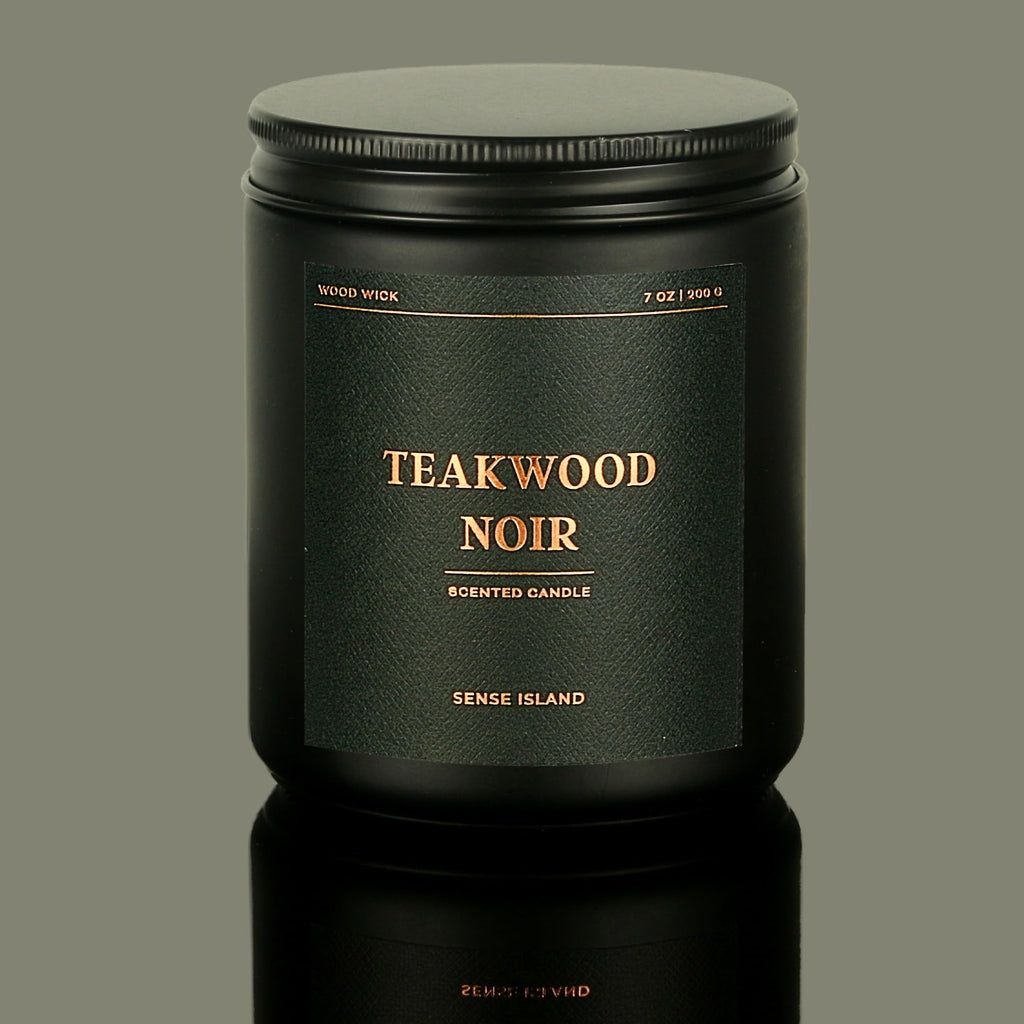 Teakwood Noir Crackling Wood Wick Candle – Mahogany Scent, Luxury Black Jar Soy Candle