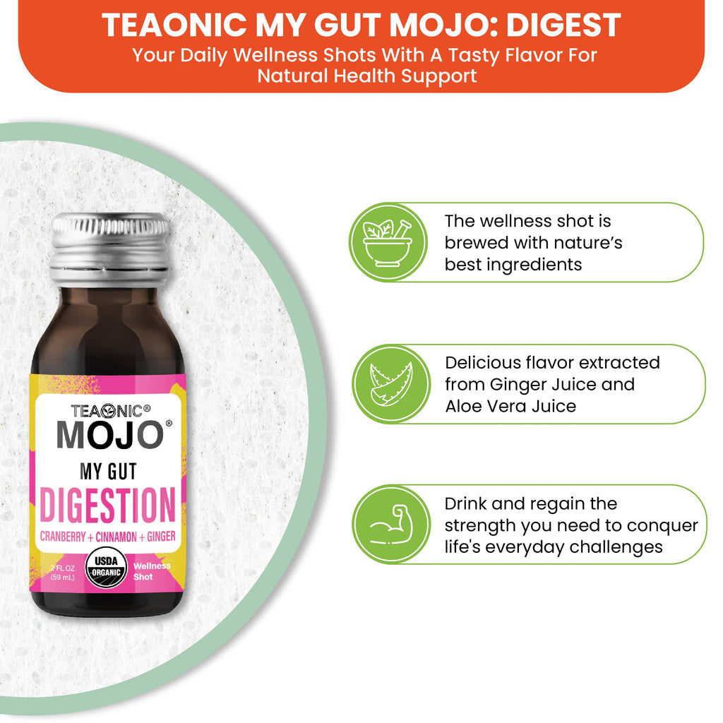 TEAONIC My Gut Mojo: Digestive Detox Drinks – Cranberry, Ginger, Cinnamon | USDA-Certified, Sugar-Free, Caffeine-Free | 12 x 2oz Bottles