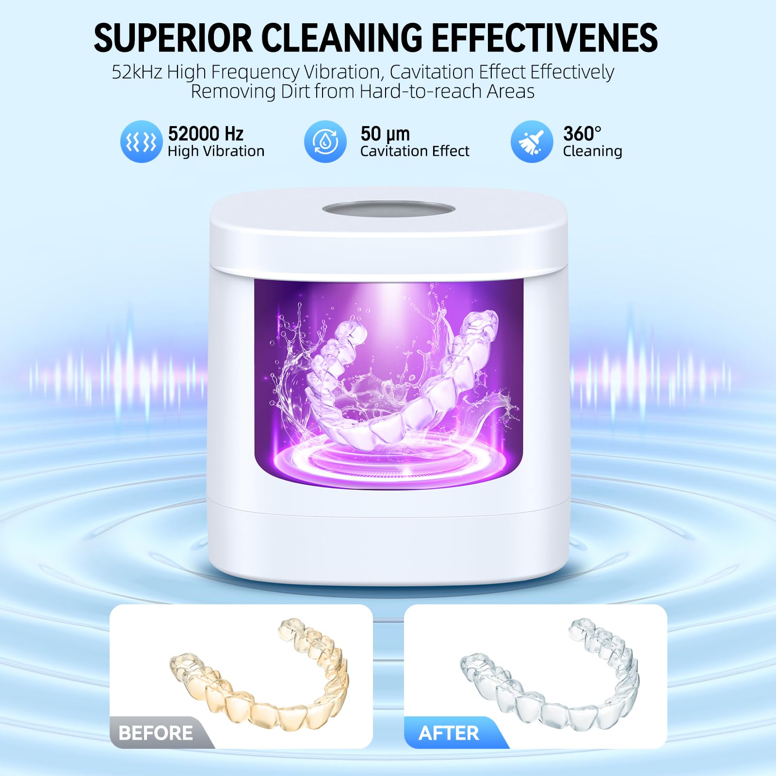 TEBAL Ultrasonic Retainer Cleaner Machine – 52kHz, 250ml, White