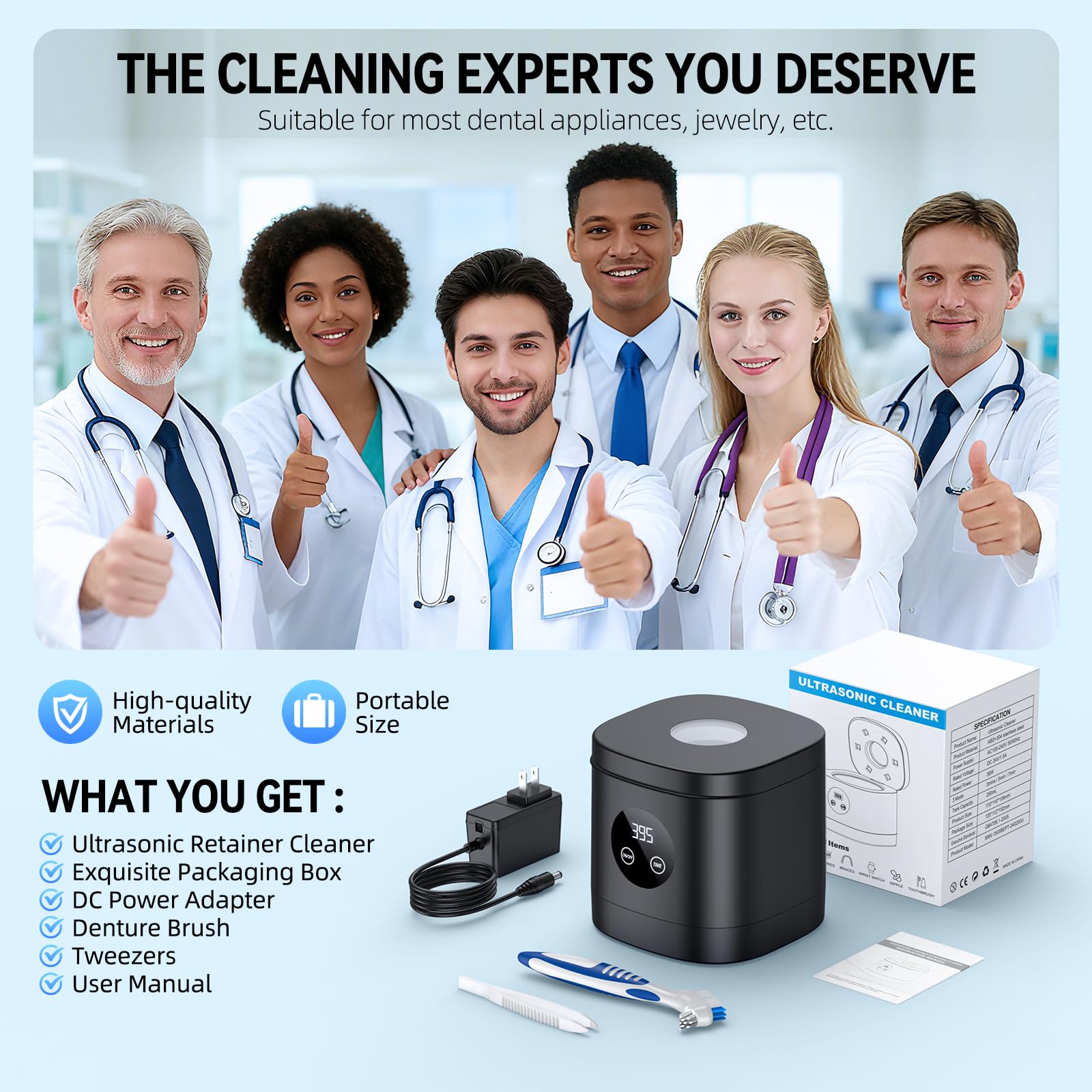 TEBAL Ultrasonic Retainer Cleaner – 52kHz, 250ml Capacity, for Retainers, Braces, Dentures, Jewelry