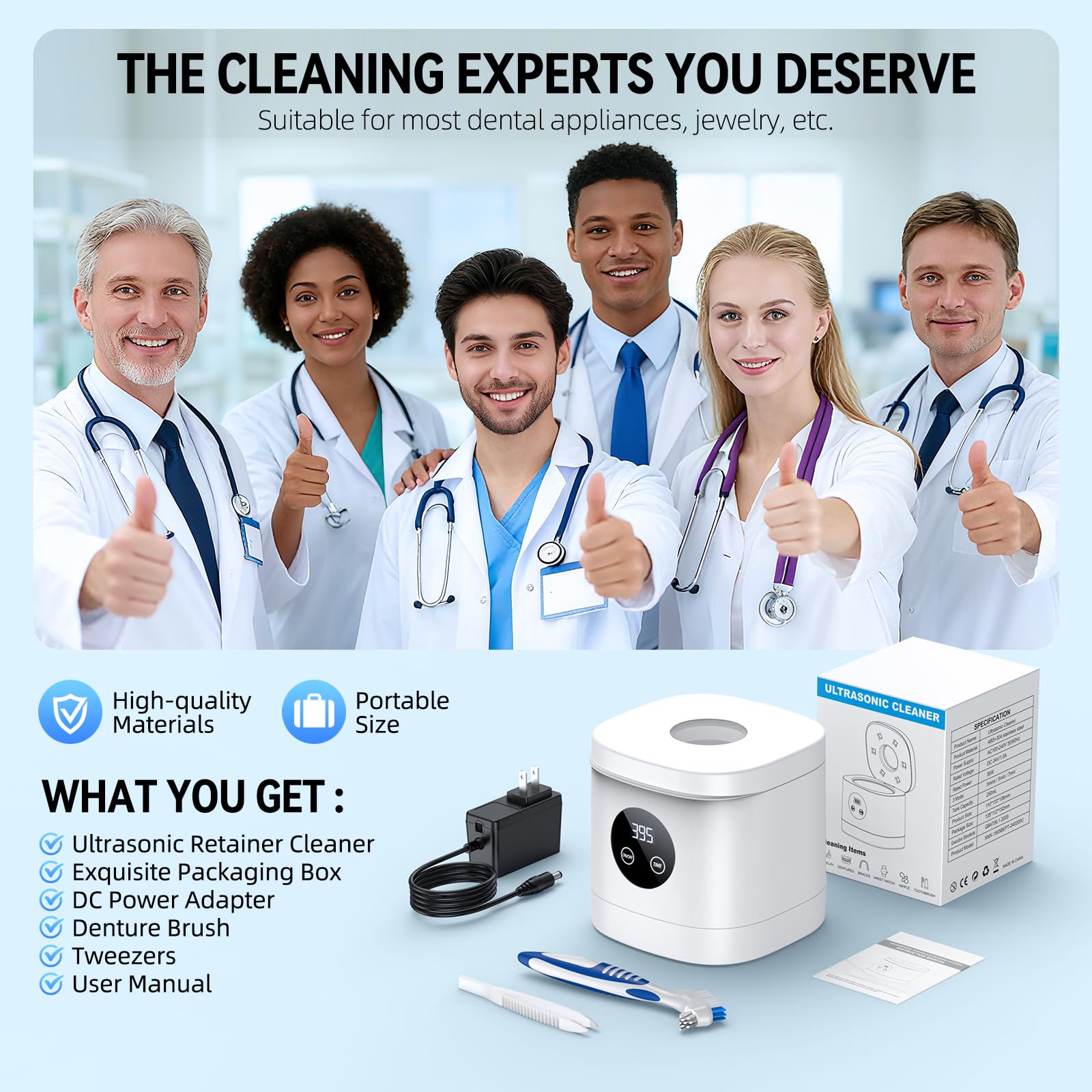 TEBAL Ultrasonic Retainer Cleaner Machine – 52kHz, 250ml, White