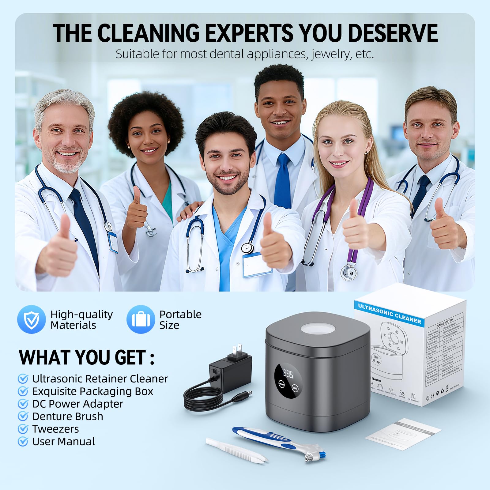 TEBAL Ultrasonic Retainer Cleaner – 52kHz, 250ml, for Retainers & More | Black