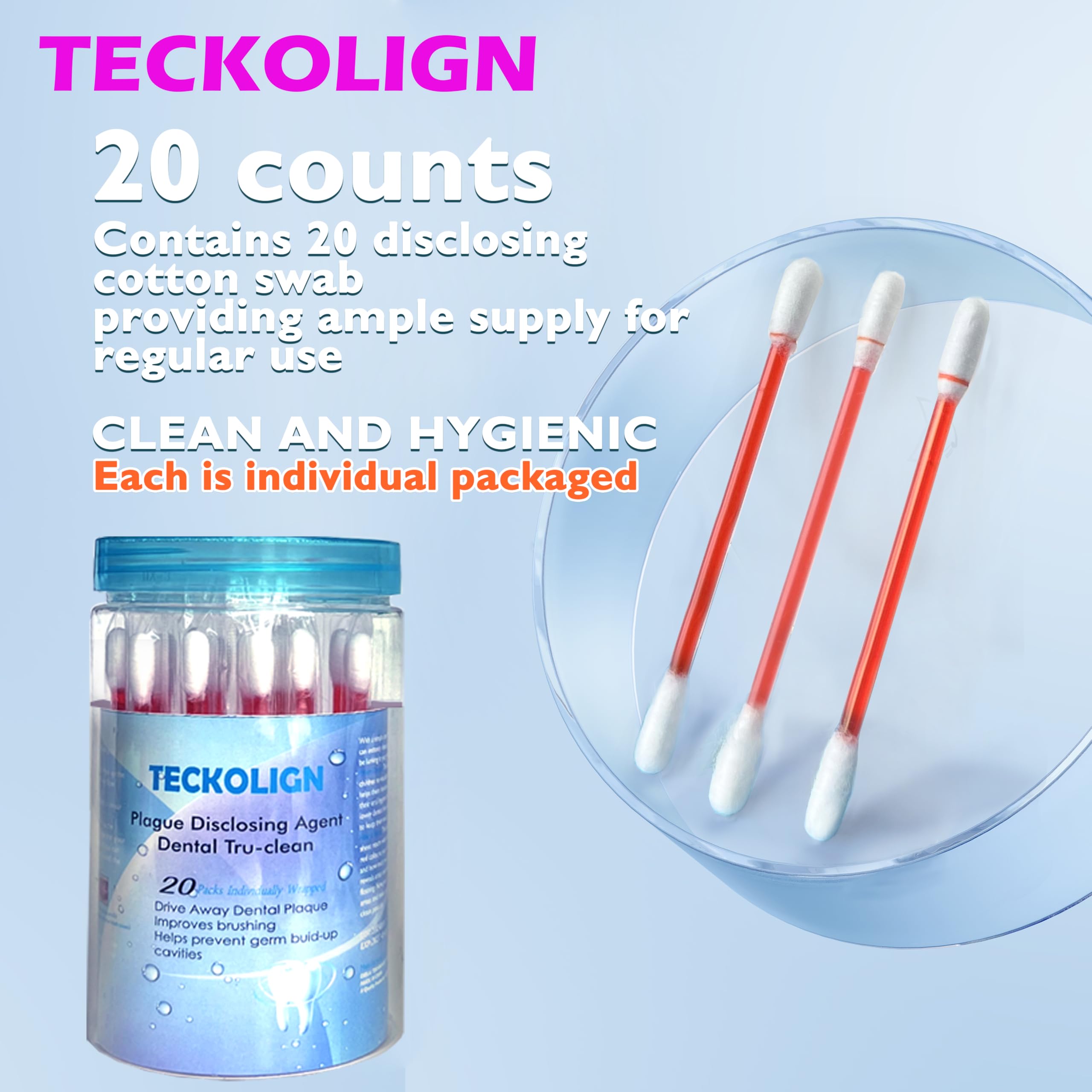Teckolign Plaque Disclosing Agent – 20 Cotton Swabs for Kids & Adults | Dental Care Kit