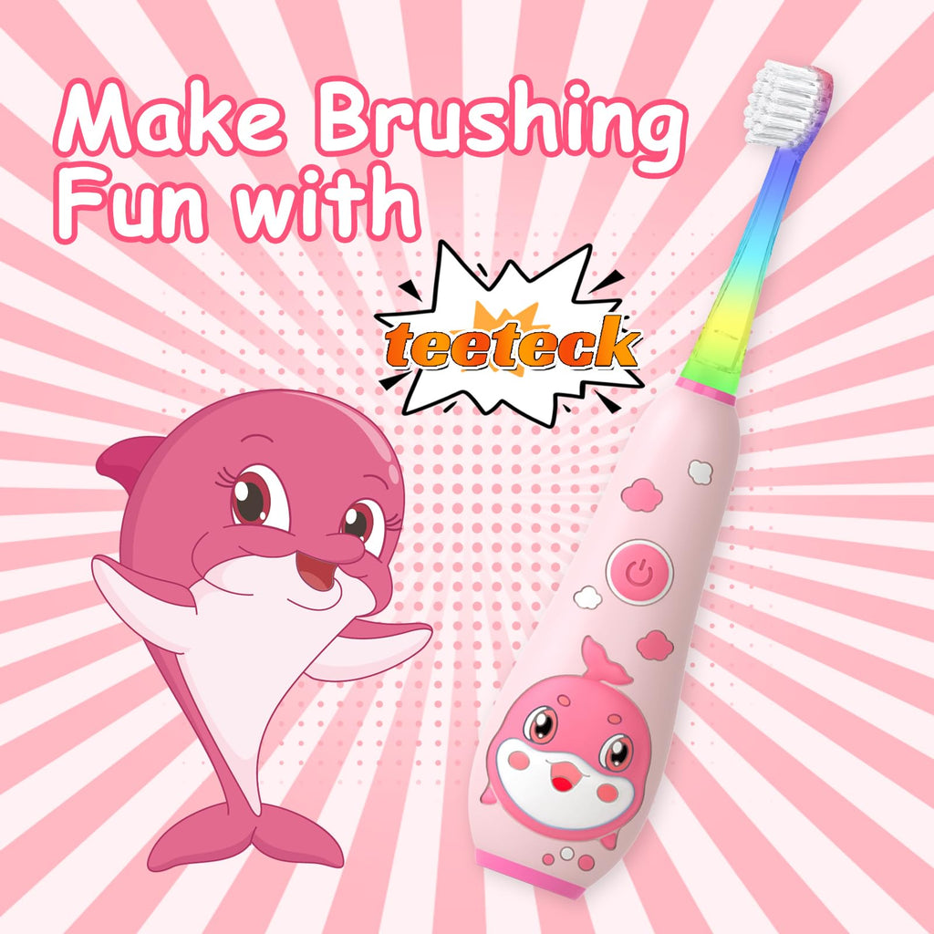 teeteck Kids Electric Toothbrush Pink - Magnetic Charging, 2 Brush Heads, USB Cable | Ages 1-6