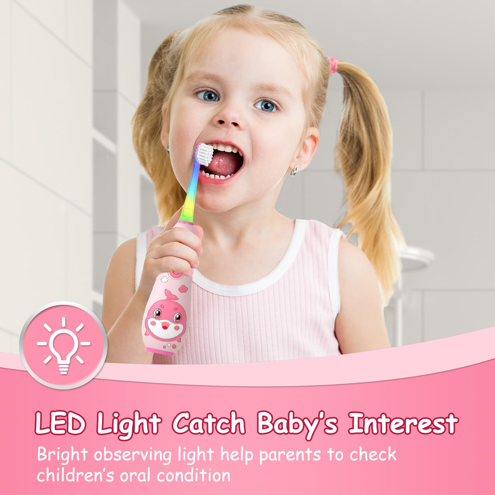 teeteck Kids Electric Toothbrush Pink - Magnetic Charging, 2 Brush Heads, USB Cable | Ages 1-6