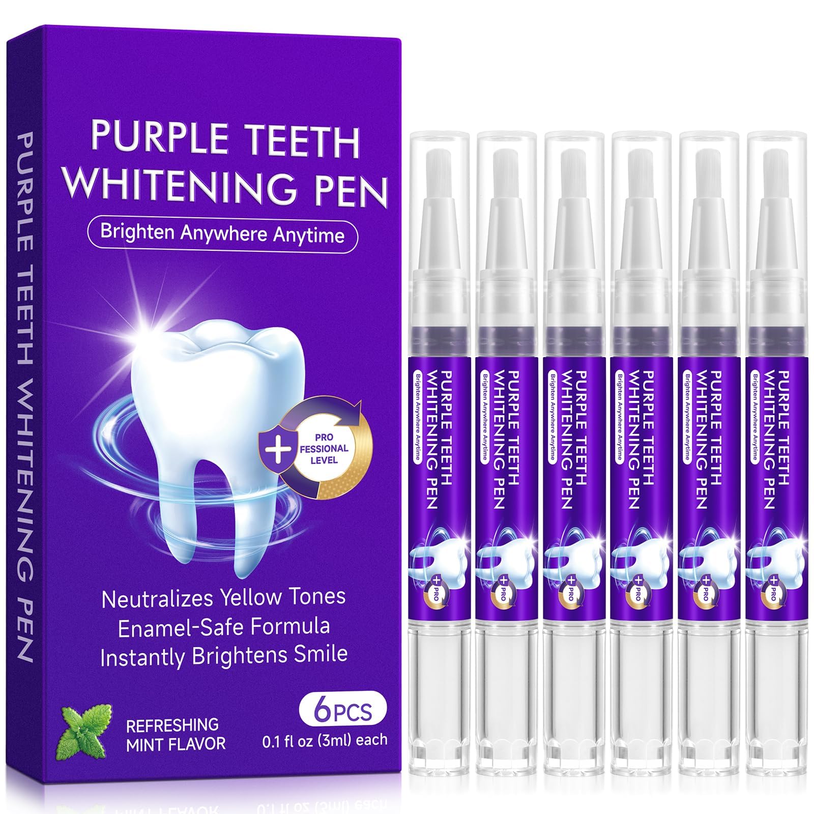 Teeth Whitening Pen 6 Pack—Purple Gel, No-Sensitivity Formula, Mint Fresh Breath