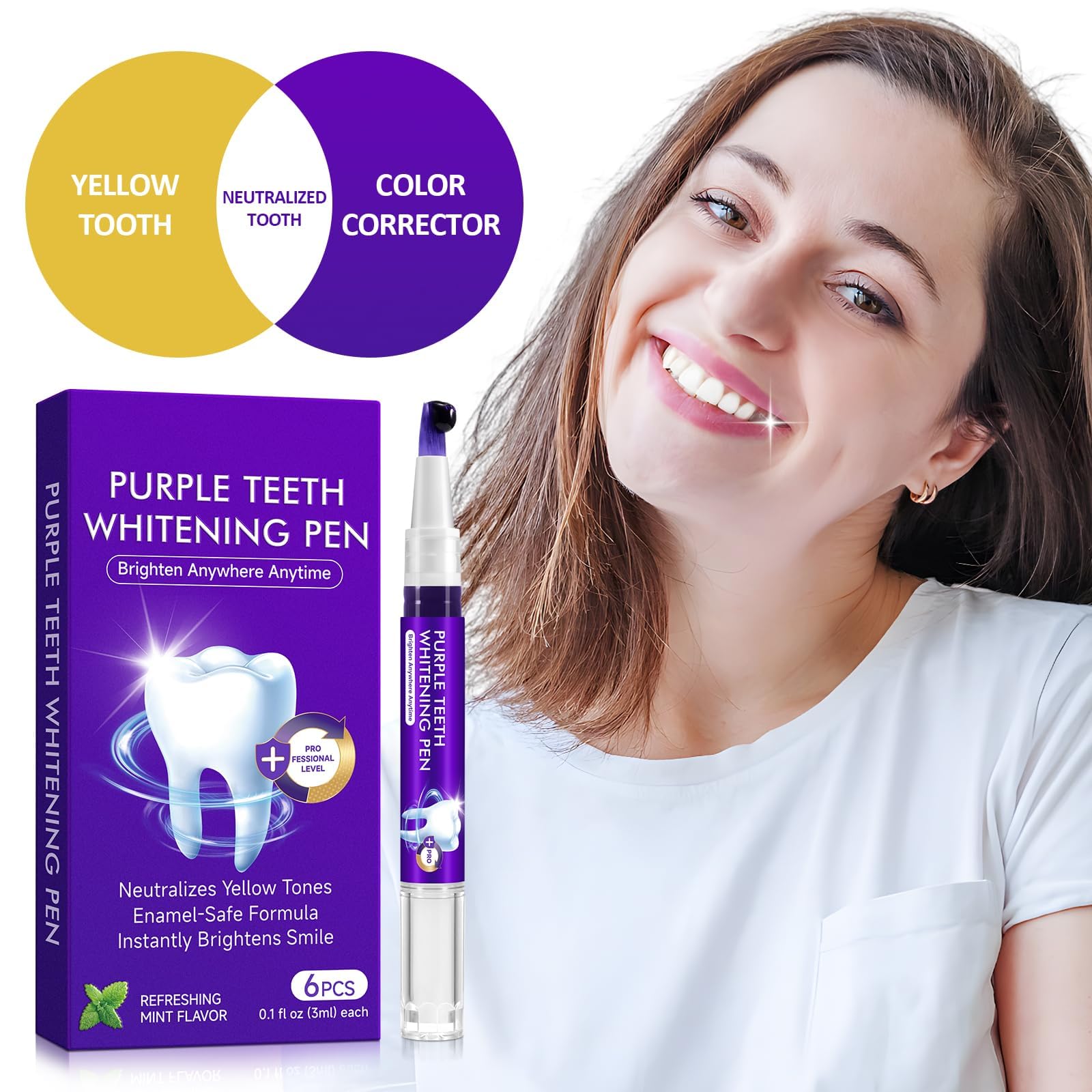 Teeth Whitening Pen 6 Pack—Purple Gel, No-Sensitivity Formula, Mint Fresh Breath