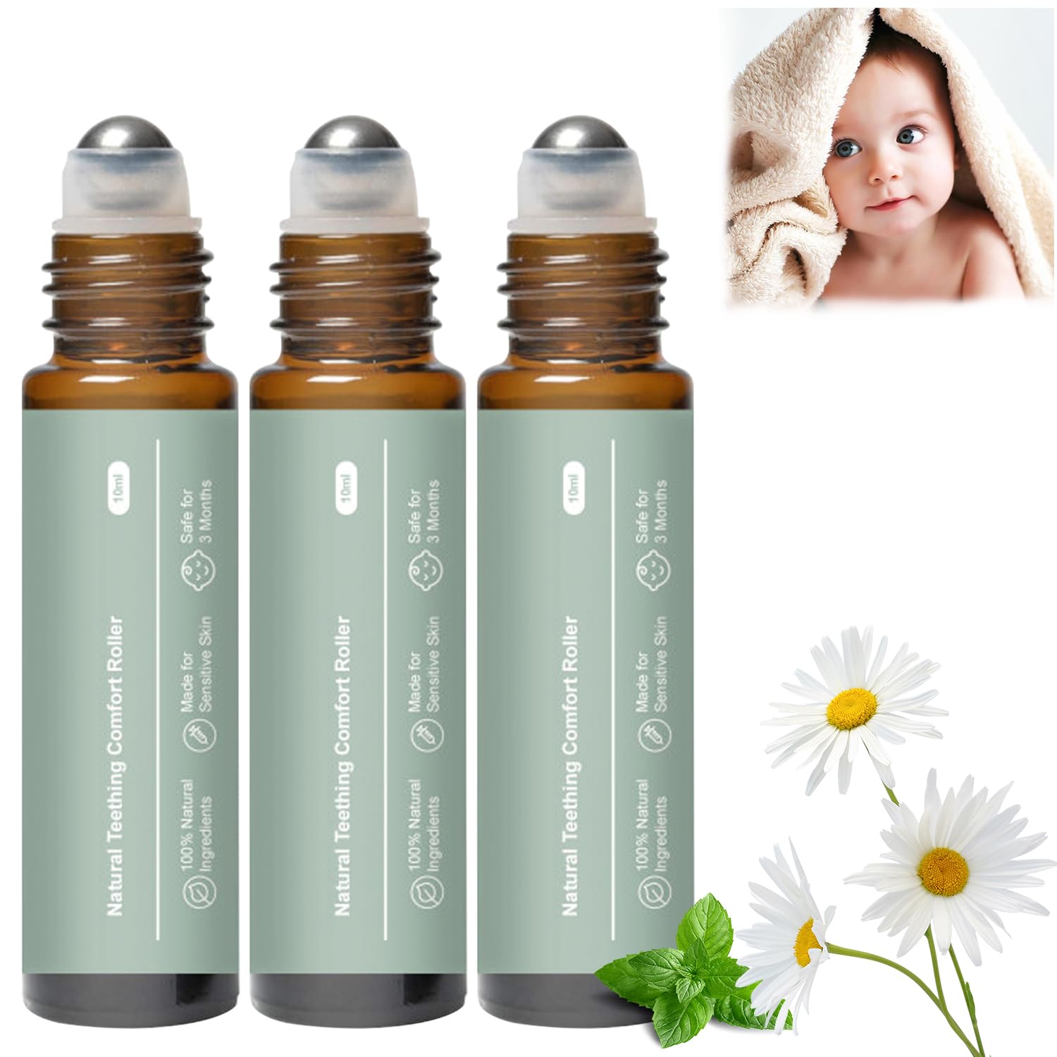 3Pcs Teething Roller, Mamas Teether: Baby Teething Oil Roller, Natural Gentle Teething Relief Roller, Teething Roller All Natural for Babies