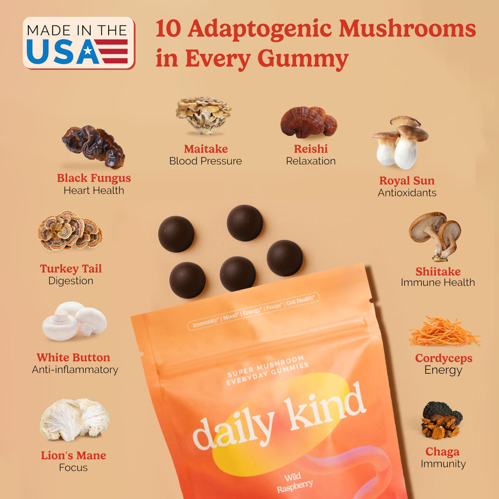 Daily Kind Super Mushroom Gummies – 10-in-1 Adaptogenic Mushroom Supplement (60-Ct) | Immunity, Focus & Gut Health | Vegan & Gluten-Free