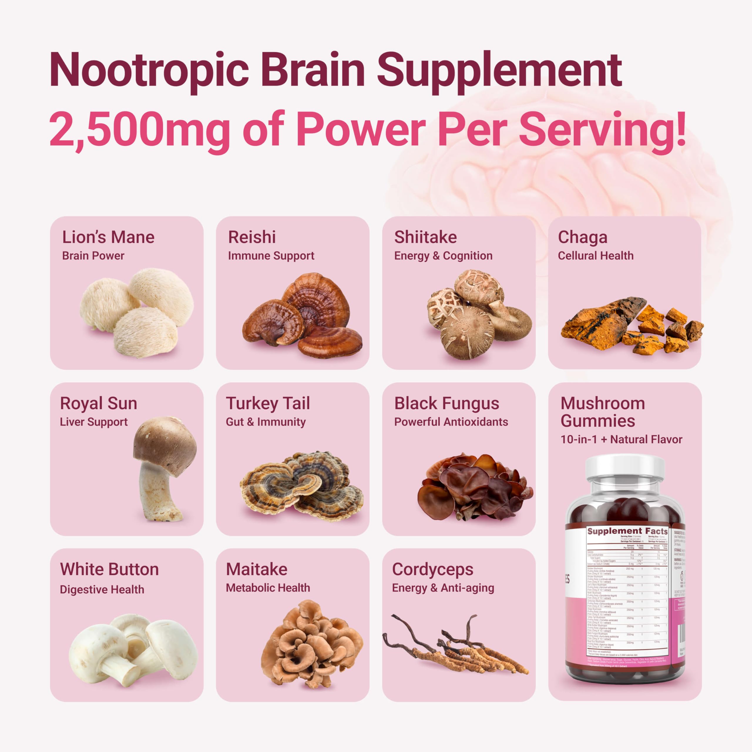 World's First 10-Mushroom Gummies - 90 Chews, 2500mg/Serving | Brain & Immune Support