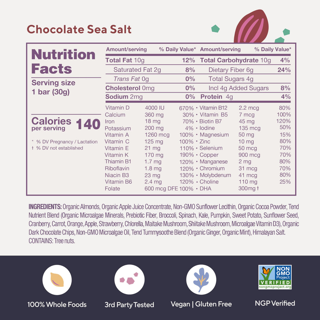 Tend Daily Prenatal Vitamin Bar – Organic DHA & Folate (Chocolate Sea Salt, 7ct)