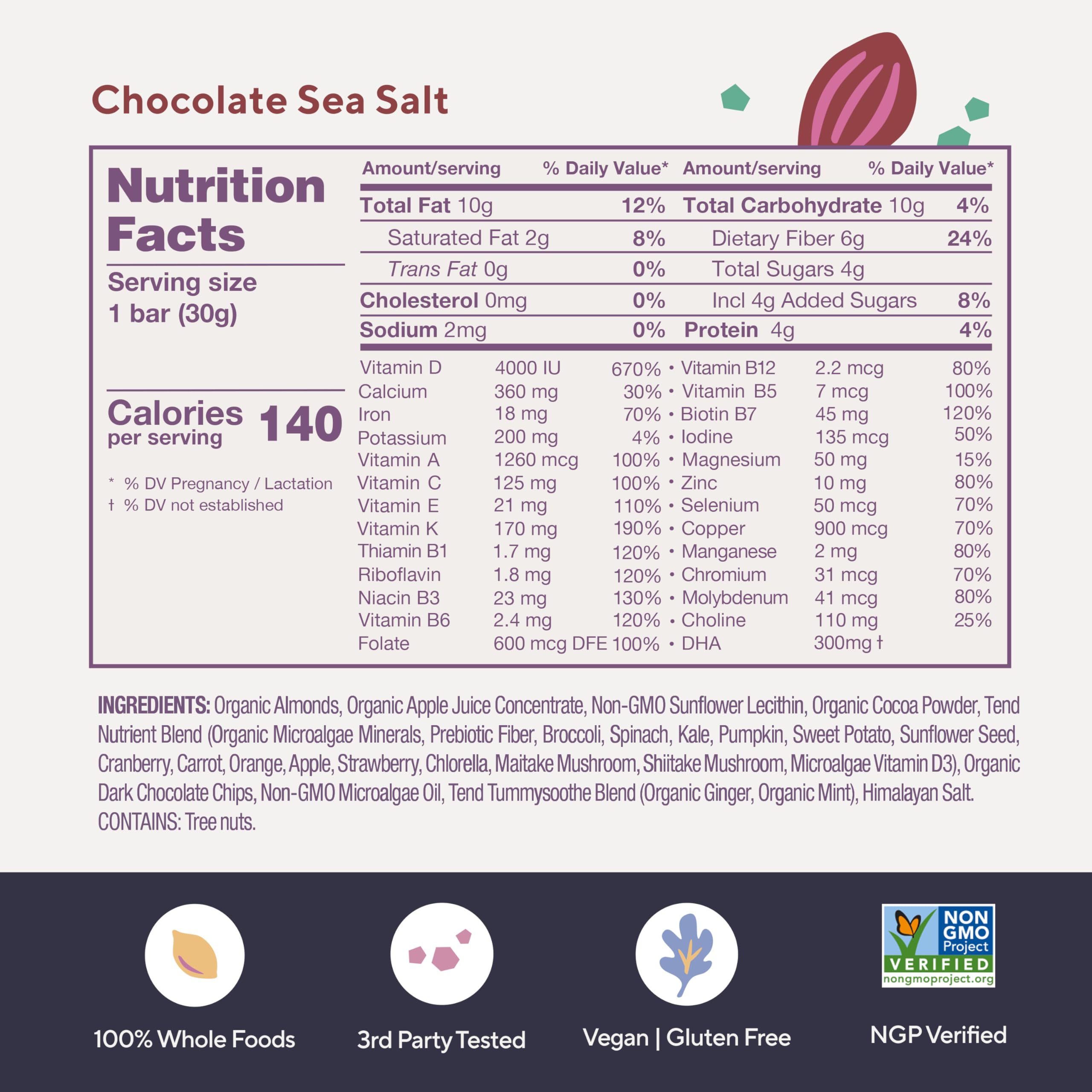 Tend Daily Prenatal Vitamin Bar – Organic DHA & Folate (Chocolate Sea Salt, 7ct)