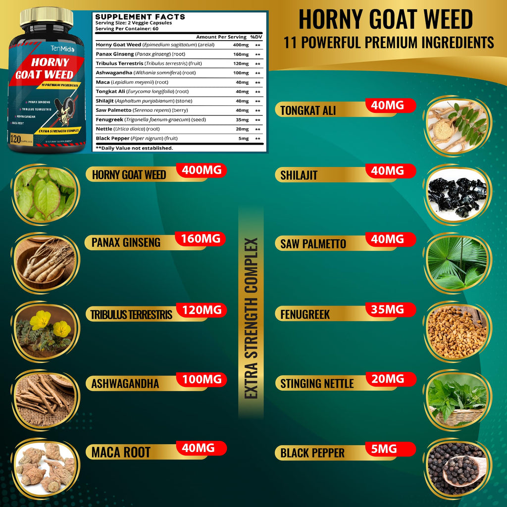 Tenmido Horny Goat Weed Extract Capsules 10000mg – Ginseng, Tribulus, Ashwagandha, Maca, Tongkat, 120 Caps