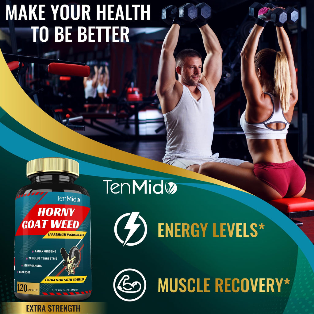 Tenmido Horny Goat Weed Extract Capsules 10000mg – Ginseng, Tribulus, Ashwagandha, Maca, Tongkat, 120 Caps