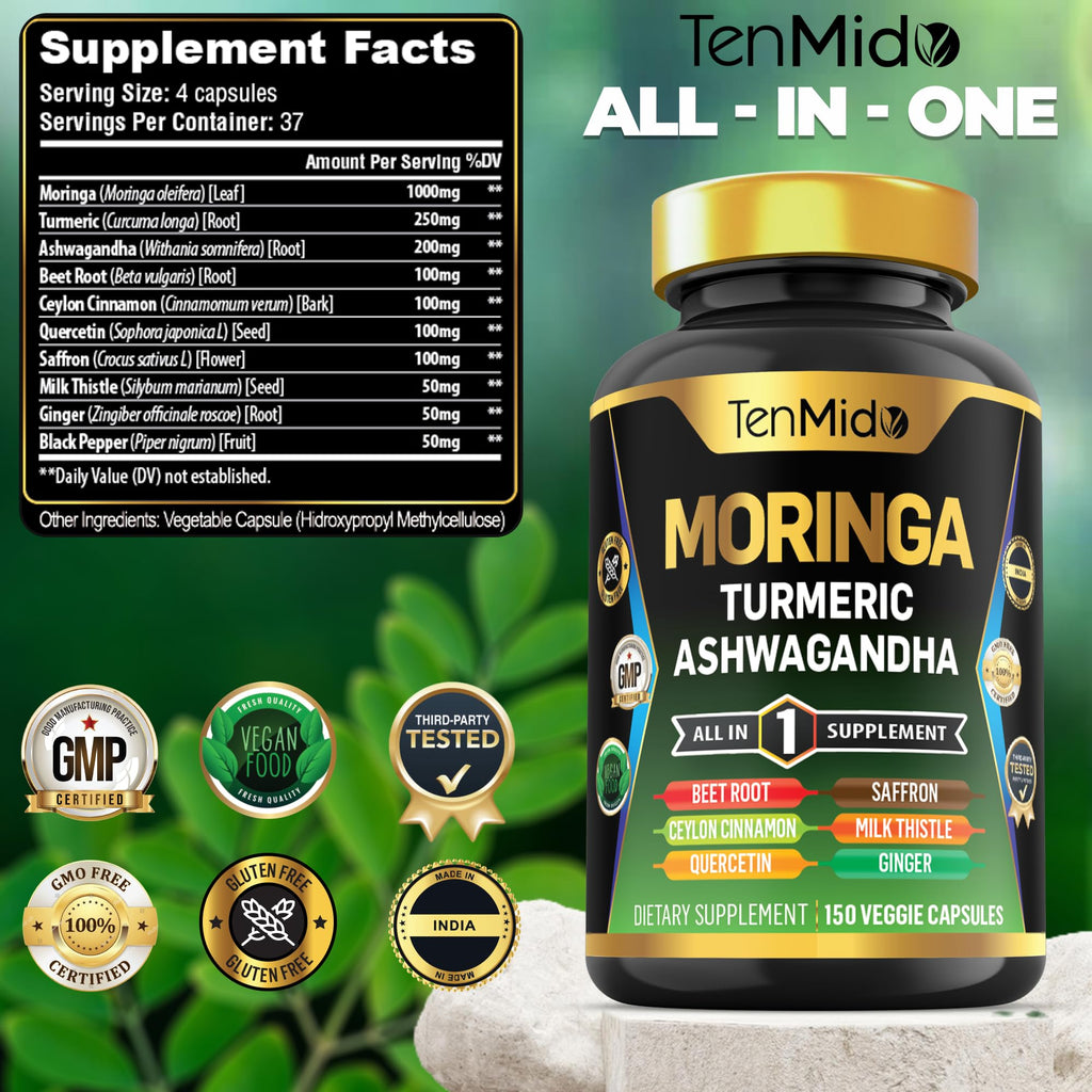 Tenmido Moringa Oleifera Supplement – 10-in-1 Formula for Energy & Immune Support | 150 Capsules