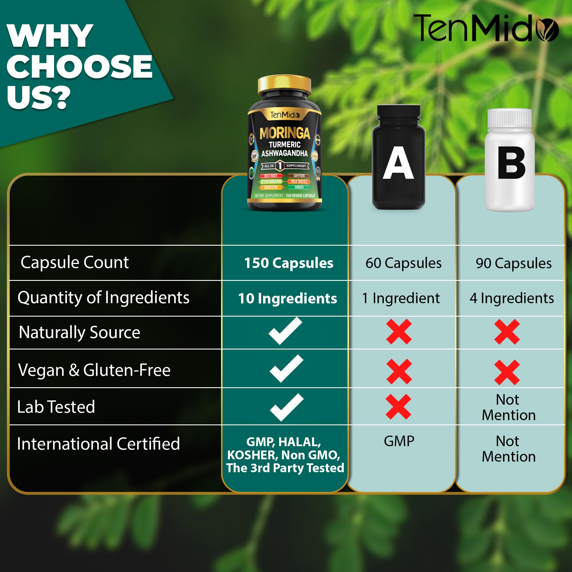 Tenmido Moringa Oleifera Supplement – 10-in-1 Formula for Energy & Immune Support | 150 Capsules