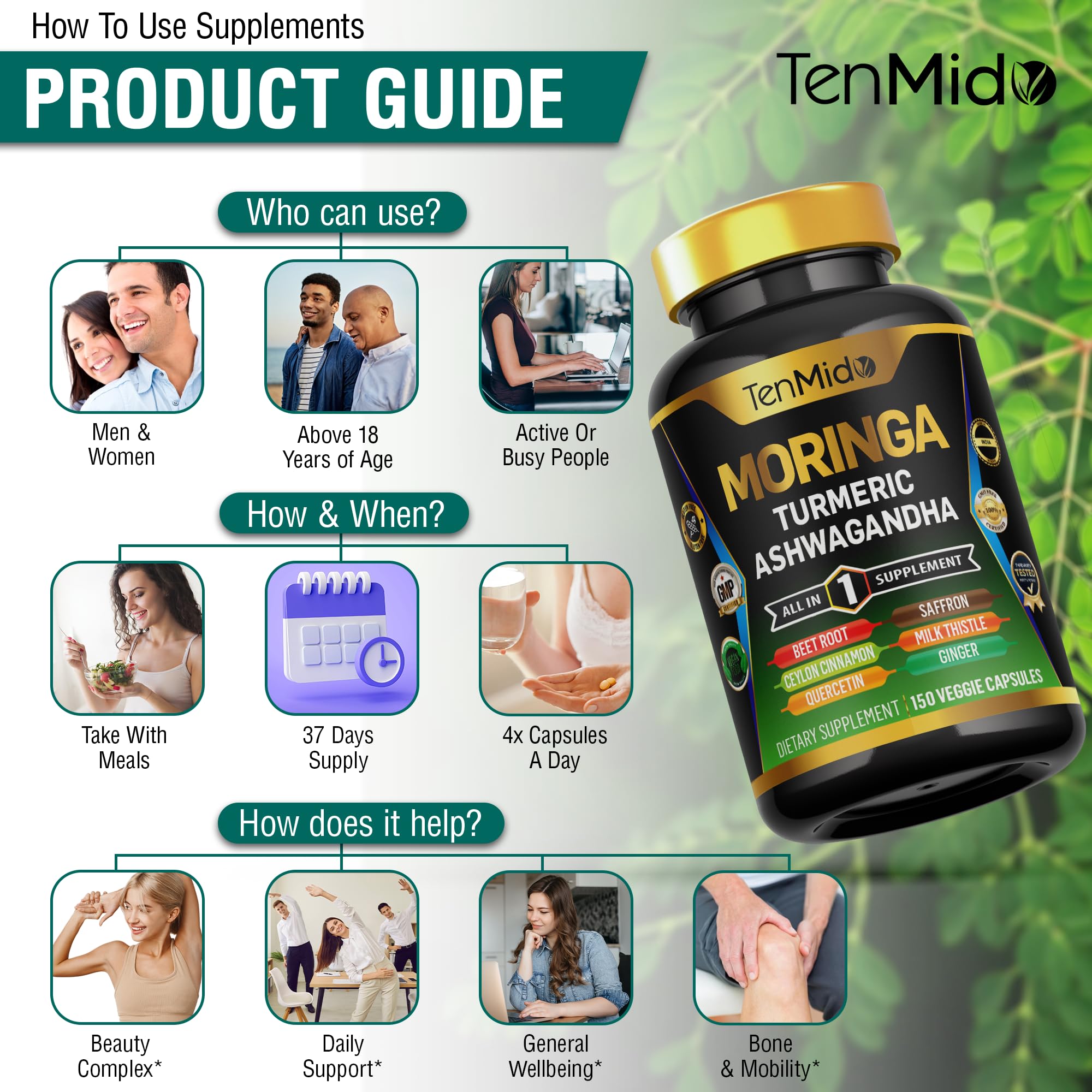 Tenmido Moringa Oleifera Supplement – 10-in-1 Formula for Energy & Immune Support | 150 Capsules