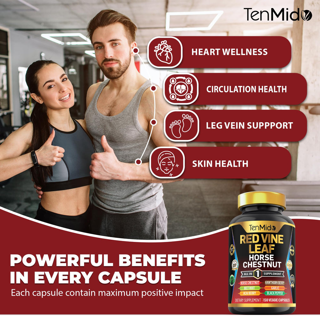 Tenmido Red Vine Leaf Extract Supplement – 7-in-1 Formula, 150 Capsules (75 Days)