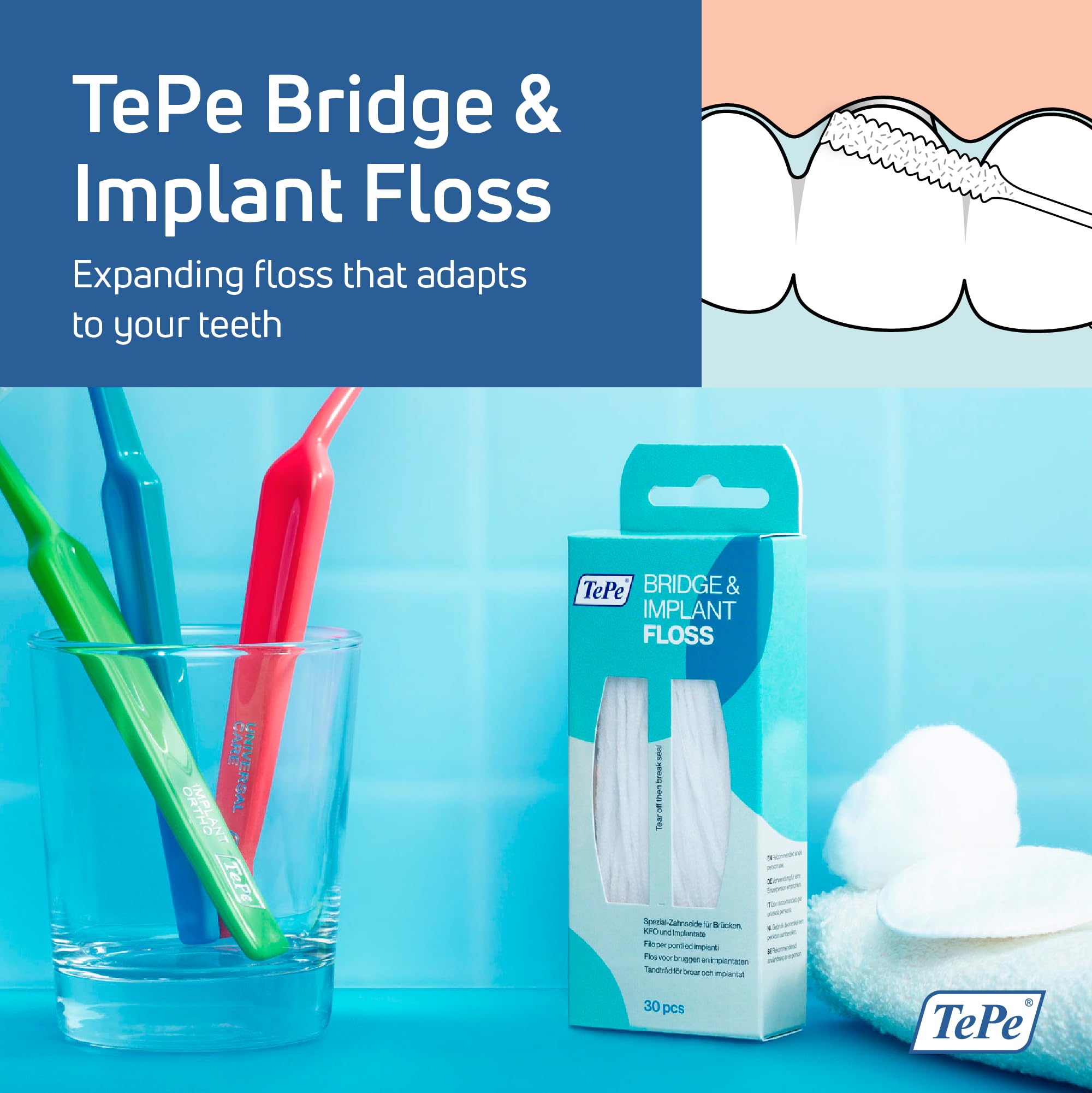TePe Bridge & Implant Floss for Implants, Bridges & Braces – 30 Pieces (Pack of 2)