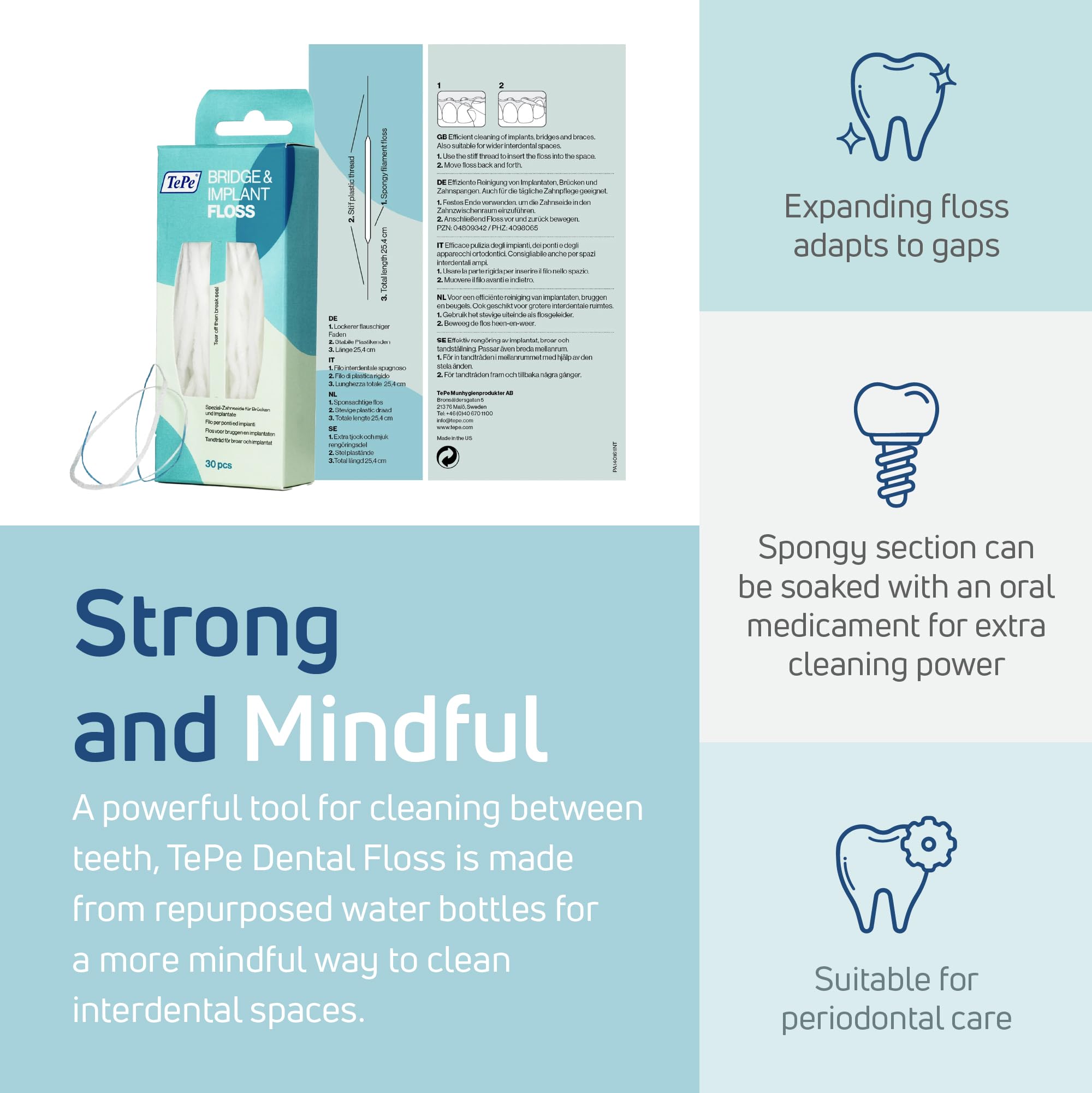 TePe Bridge & Implant Floss for Implants, Bridges & Braces – 30 Pieces (Pack of 2)