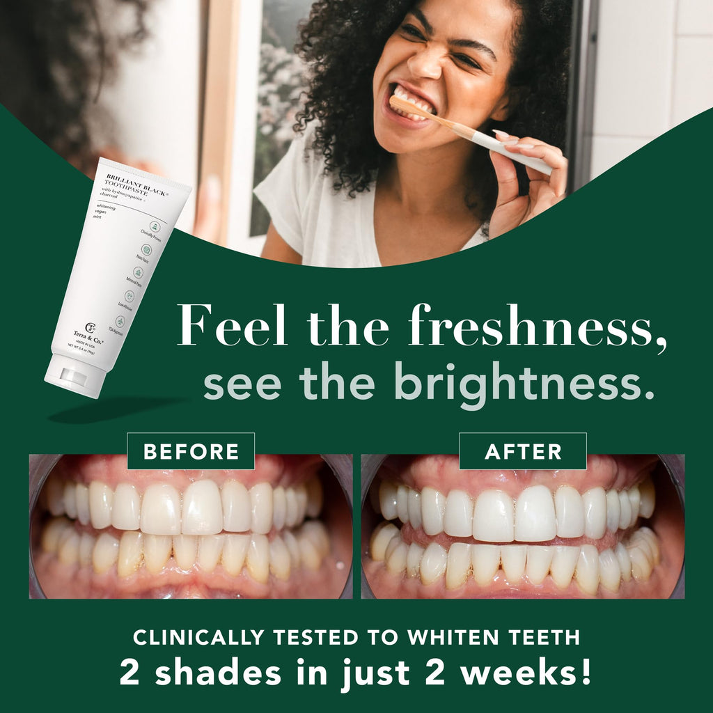 Terra & Co. Brilliant Black Hydroxyapatite Toothpaste for Whitening Teeth – USA-Made, Fluoride-Free, Vegan, SLS-Free, Low Abrasion – Mint, 3.4 oz
