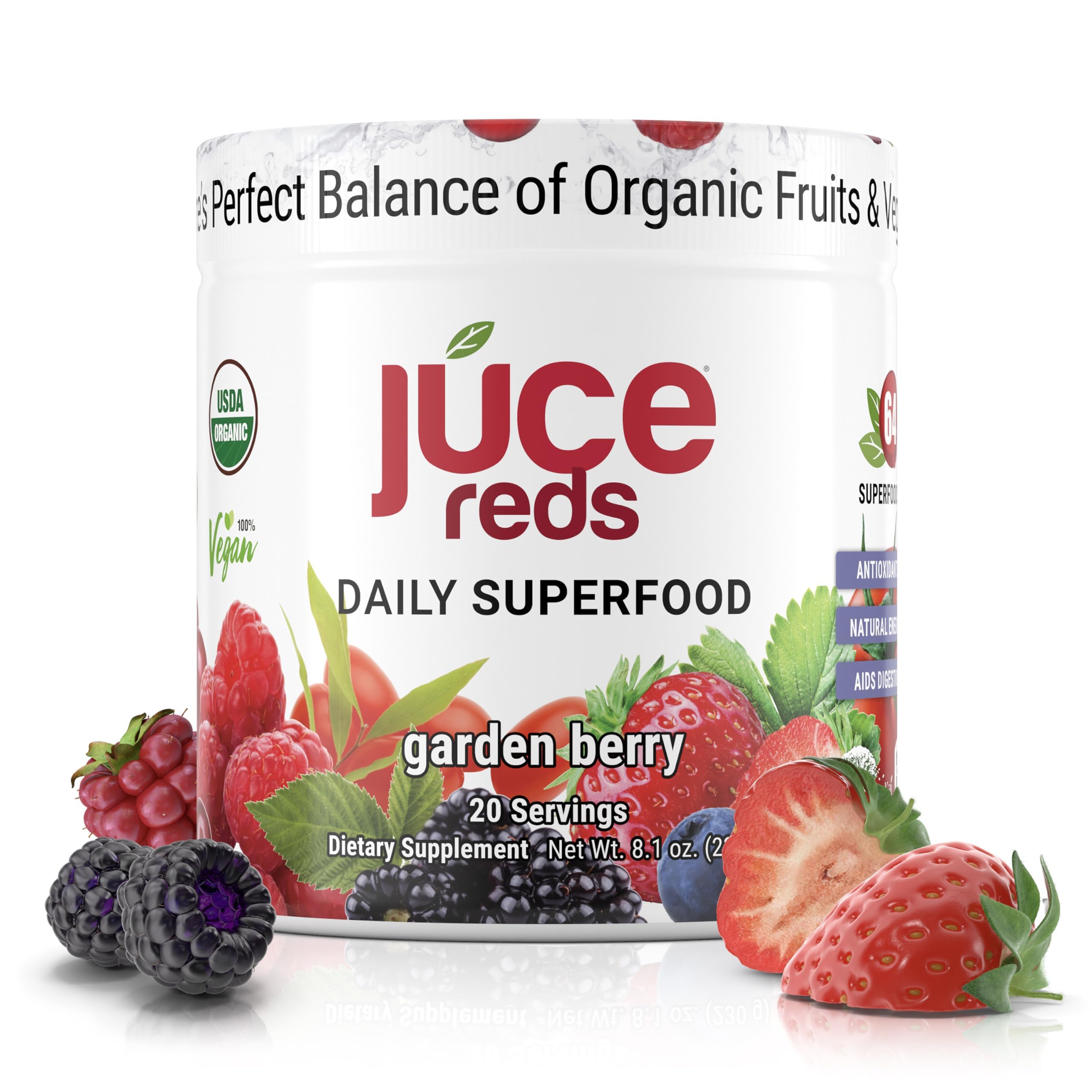Terra Kai Organics JUCE Reds Organic Superfood Powder – Garden Berry Flavor | 20 Servings (230g)