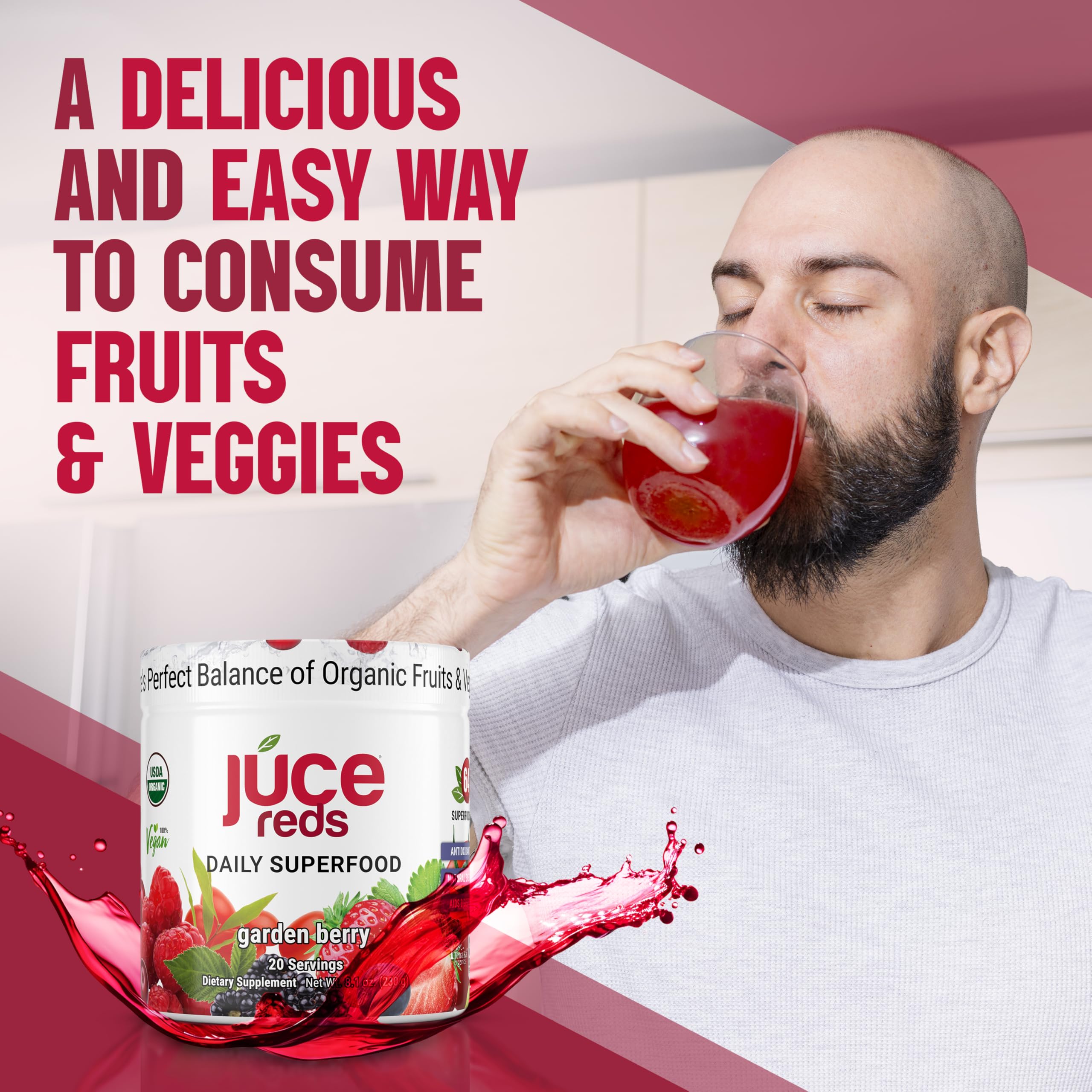 Terra Kai Organics JUCE Reds Organic Superfood Powder – Garden Berry Flavor | 20 Servings (230g)