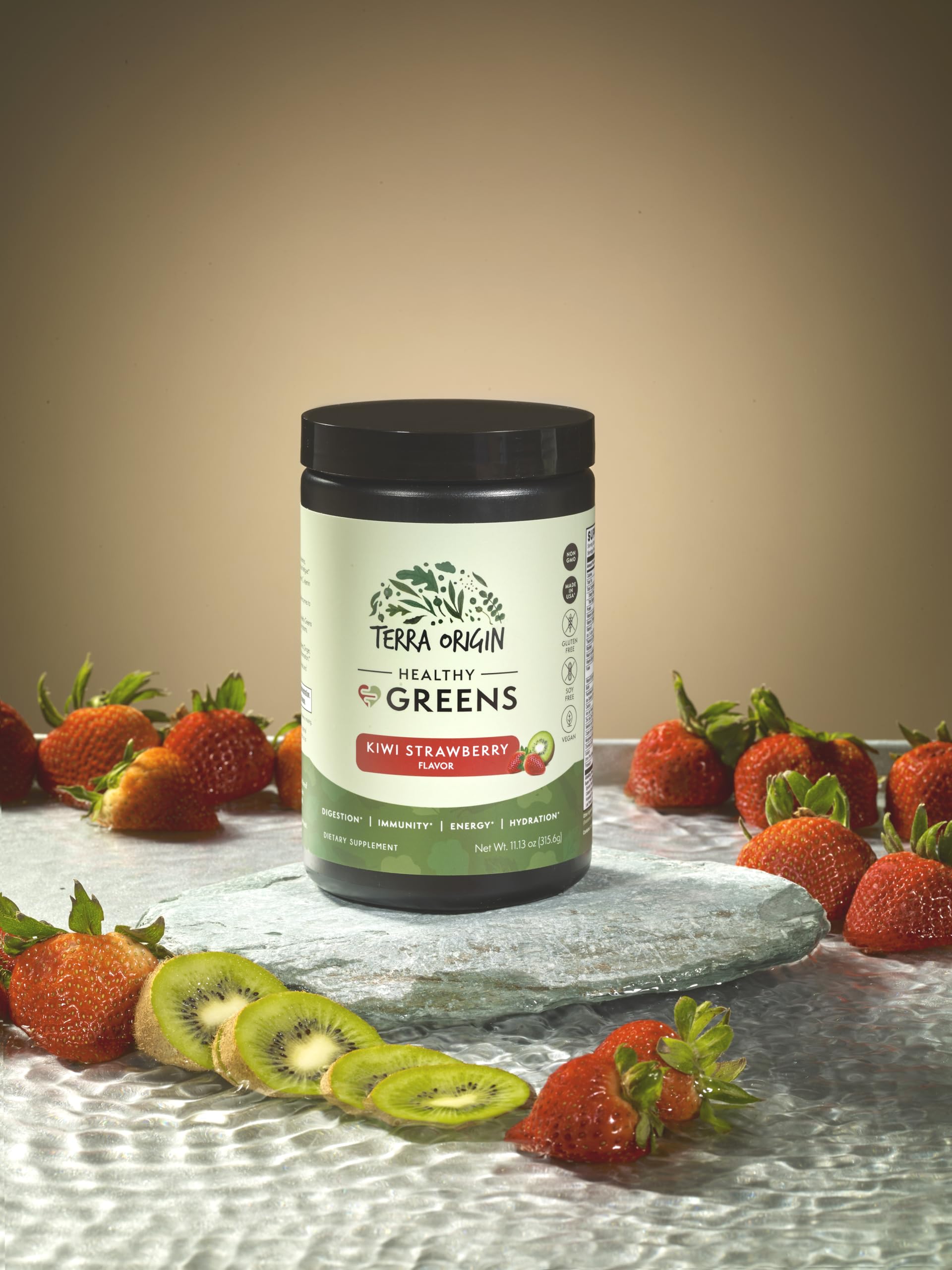 TERRA ORIGIN Healthy Greens Powder Blend | Immune & Digestive Health Support | Kiwi Strawberry | 30 Servings