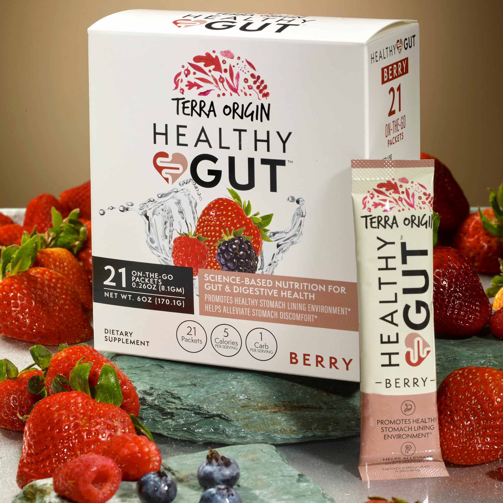 Terra Origin Healthy Gut Stick Packs – Digestive Support, 21 Ct, Berry