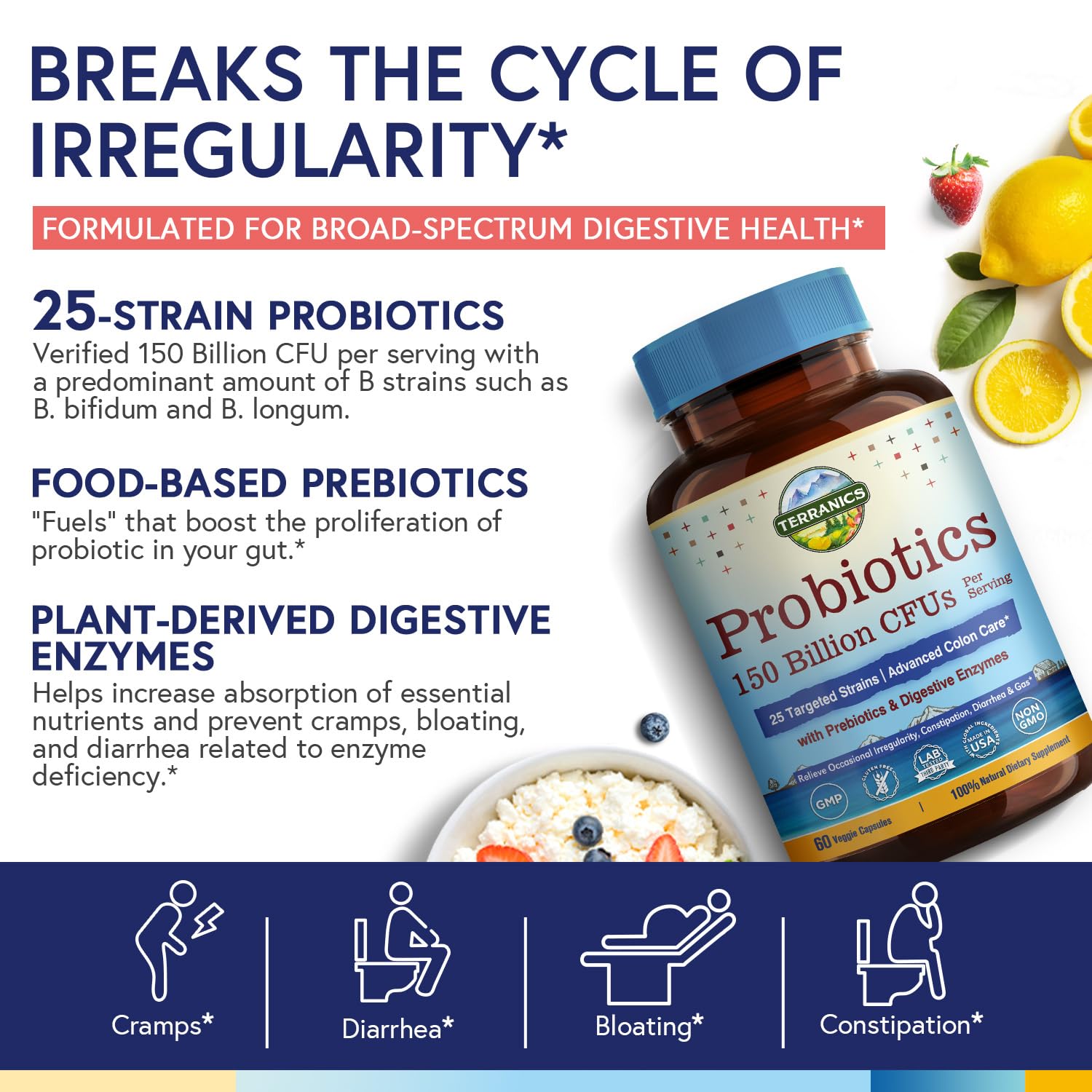 Terranics Daily Probiotics for Men & Women | 150B CFU, 25 Strains, Colon Care