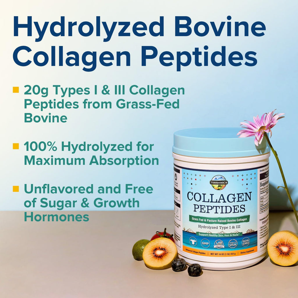 Terranics Hydrolyzed Collagen Peptides – Grass-Fed Bovine, Type I & III, Unflavored 16oz