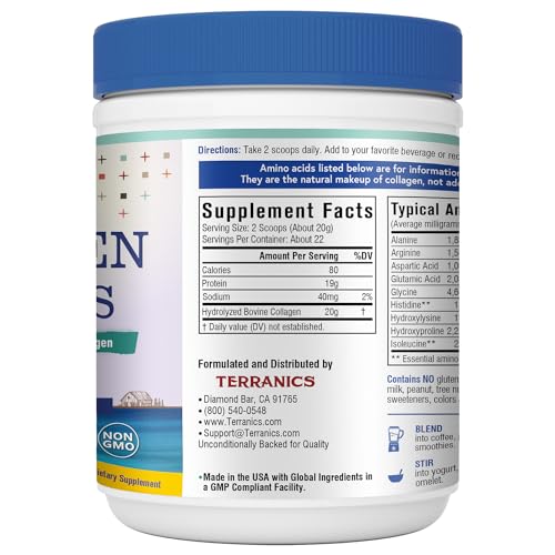 Terranics Hydrolyzed Collagen Peptides – Grass-Fed Bovine, Type I & III, Unflavored 16oz