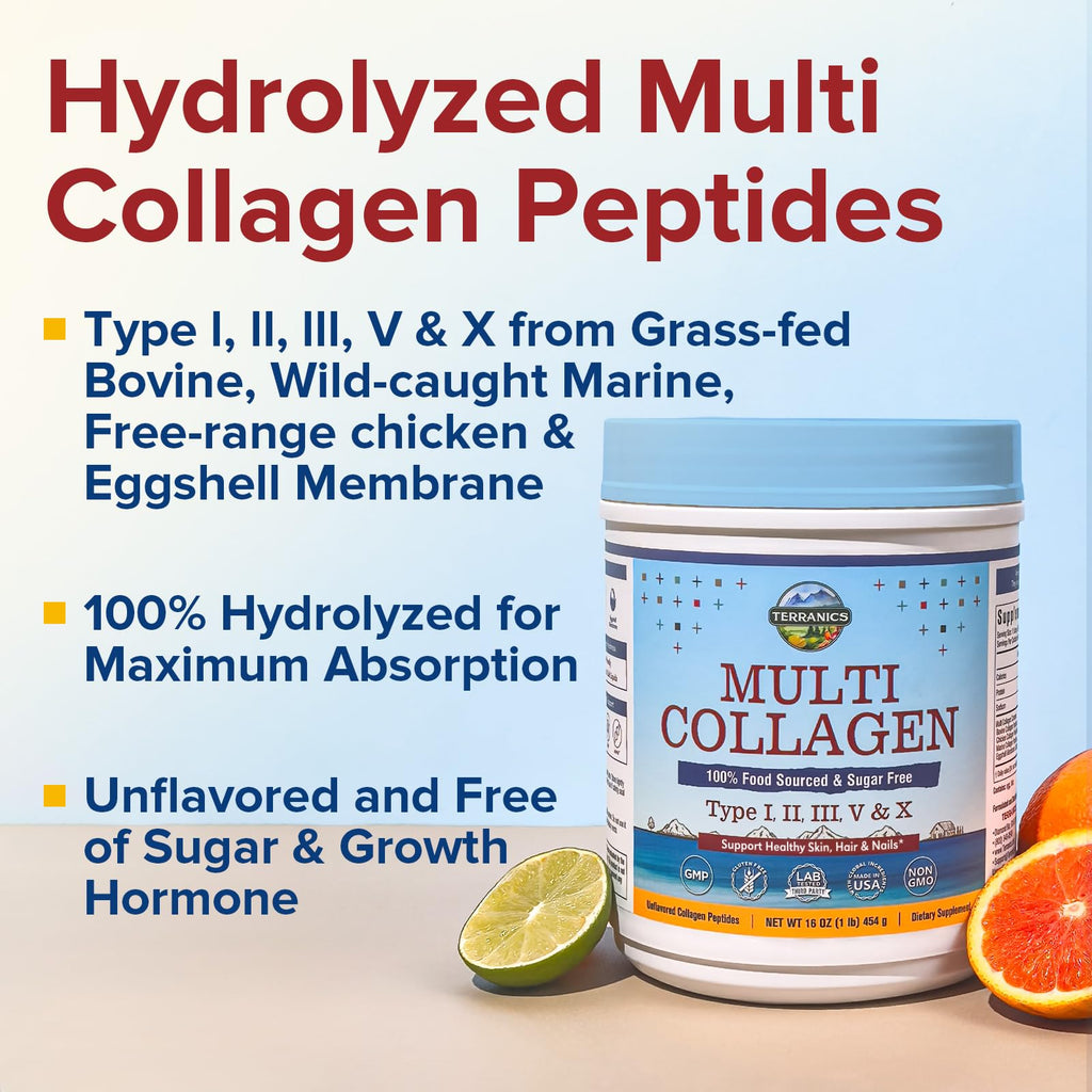 Terranics Multi Collagen Peptides Powder – Hydrolyzed Collagen Types I II III V X, Unflavored, No Sugar, Keto, 16oz