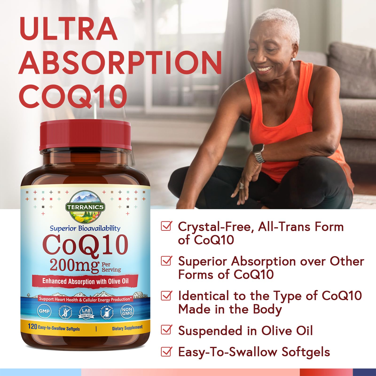 Terranics CoQ10 200mg with Olive Oil – Heart Health, USA Made