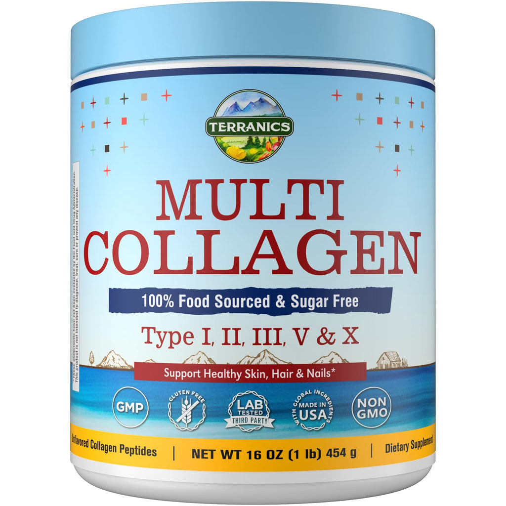 Terranics Multi Collagen Peptides Powder – Hydrolyzed Collagen Types I II III V X, Unflavored, No Sugar, Keto, 16oz