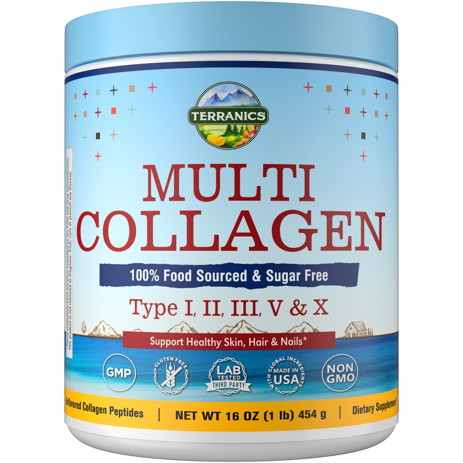 Terranics Multi Collagen Peptides Powder – Hydrolyzed Collagen Types I II III V X, Unflavored, No Sugar, Keto, 16oz