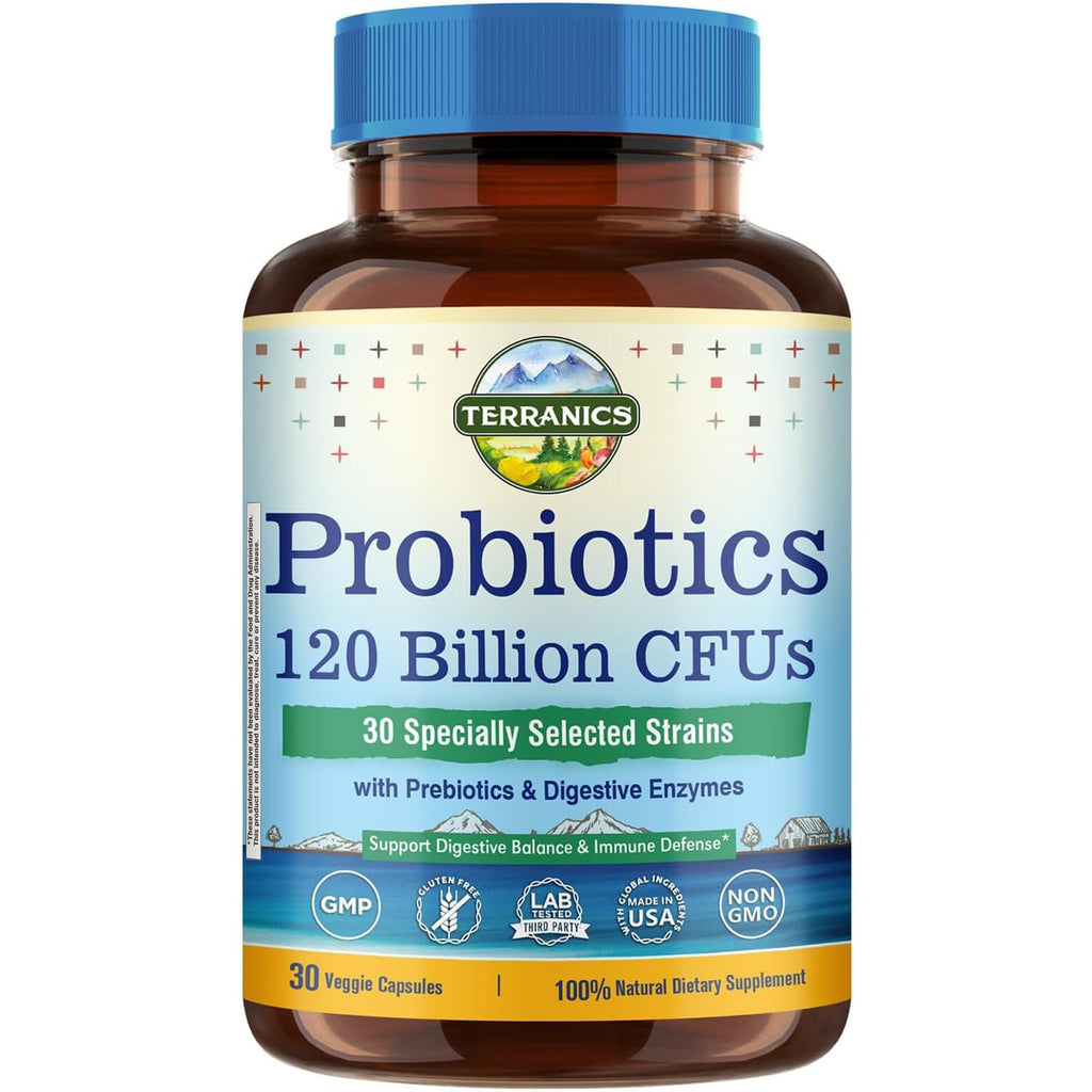Terranics Probiotics 120 Billion CFU with Prebiotics & Digestive Enzymes | 30 Strains | Non-GMO | No Soy, Dairy & Gluten | 30 Veggie Capsules