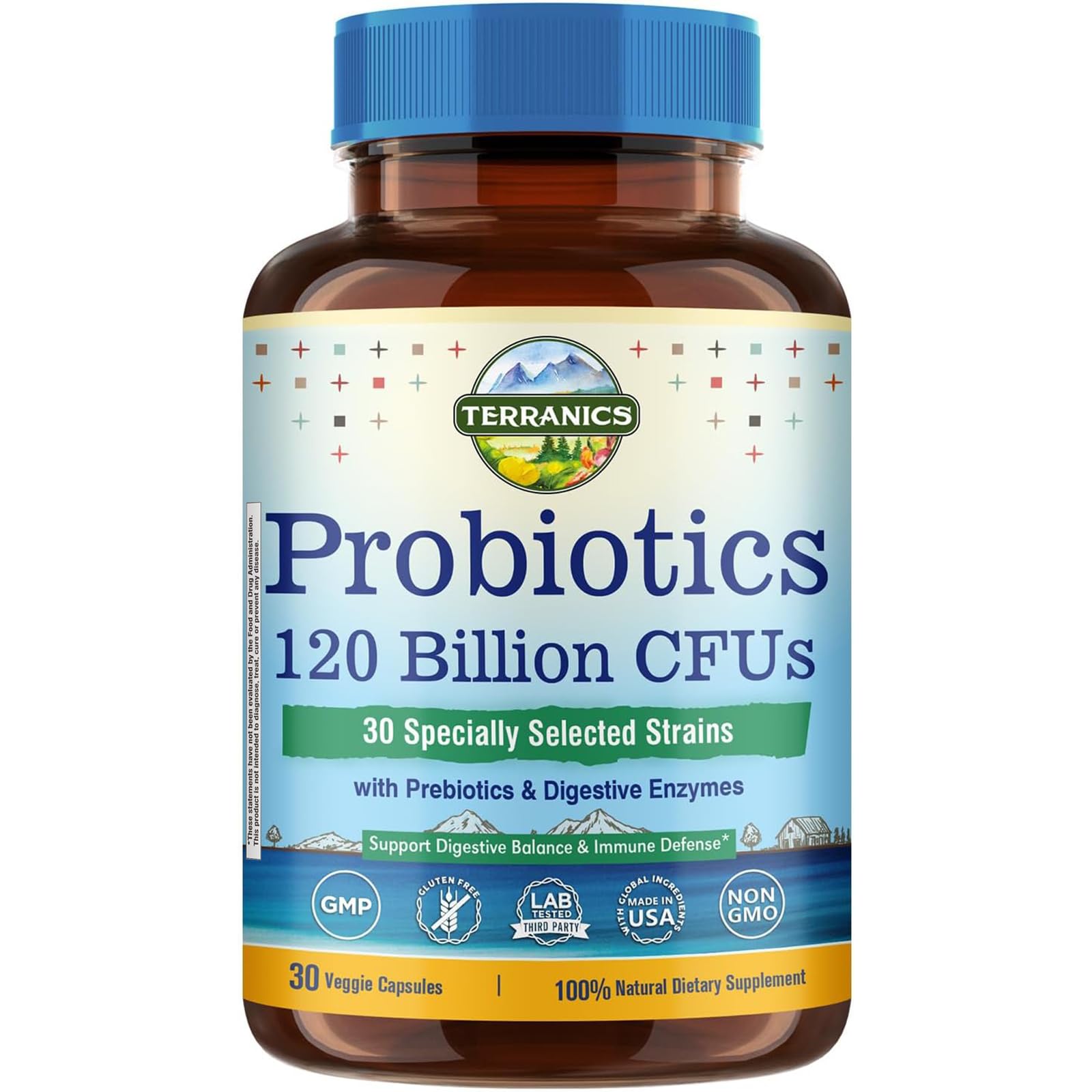 Terranics Probiotics 120 Billion CFU with Prebiotics & Digestive Enzymes | 30 Strains | Non-GMO | No Soy, Dairy & Gluten | 30 Veggie Capsules