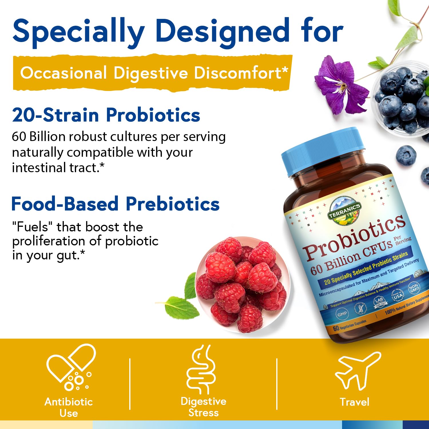 Terranics Probiotics 60 Billion CFU – 20 Strains, 60 Veg Capsules | Non-GMO, Soy/Dairy/Gluten Free