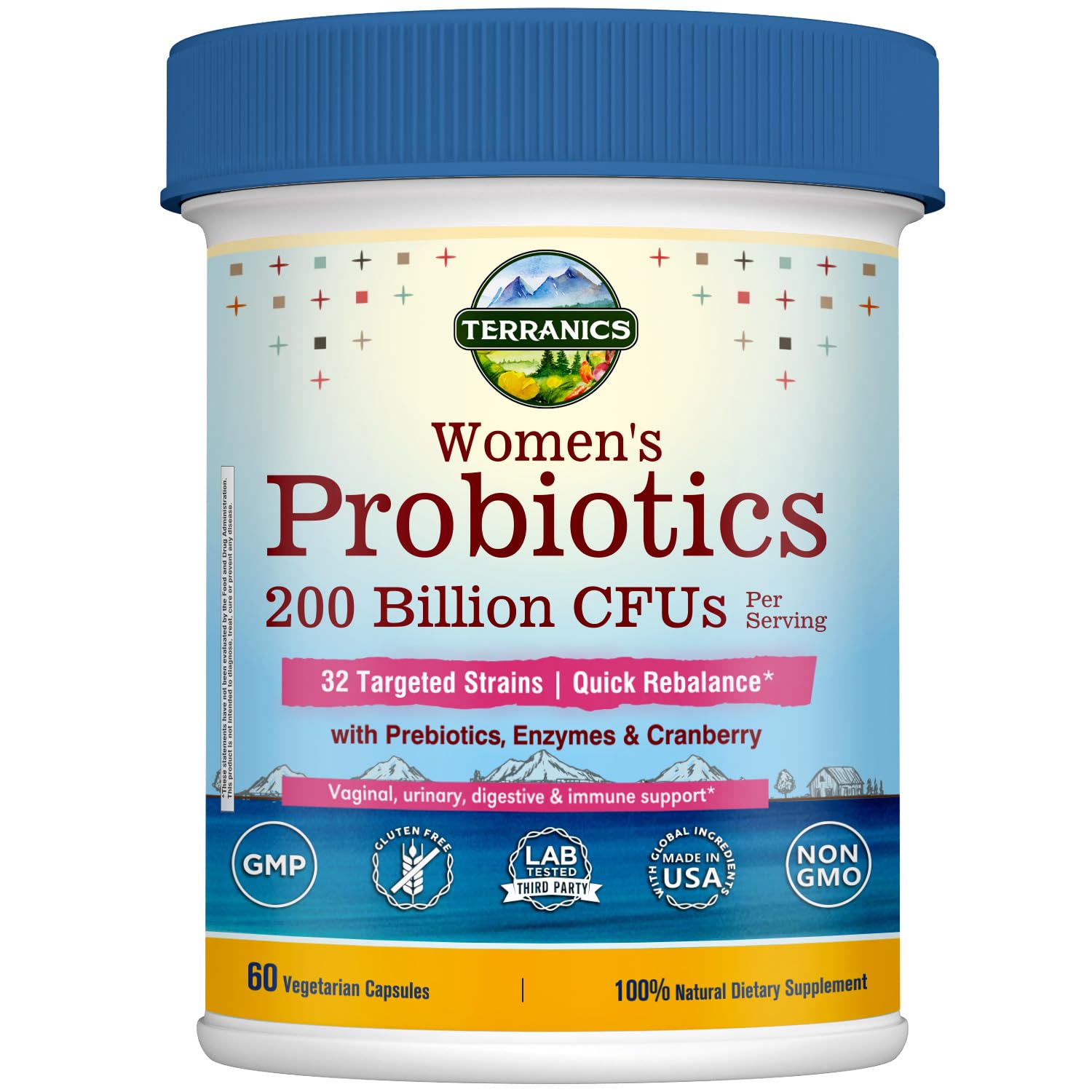 Terranics Daily Probiotics for Women – 60 Vegan Caps, 200B CFU, 32 Strains | Cranberry & Prebiotics