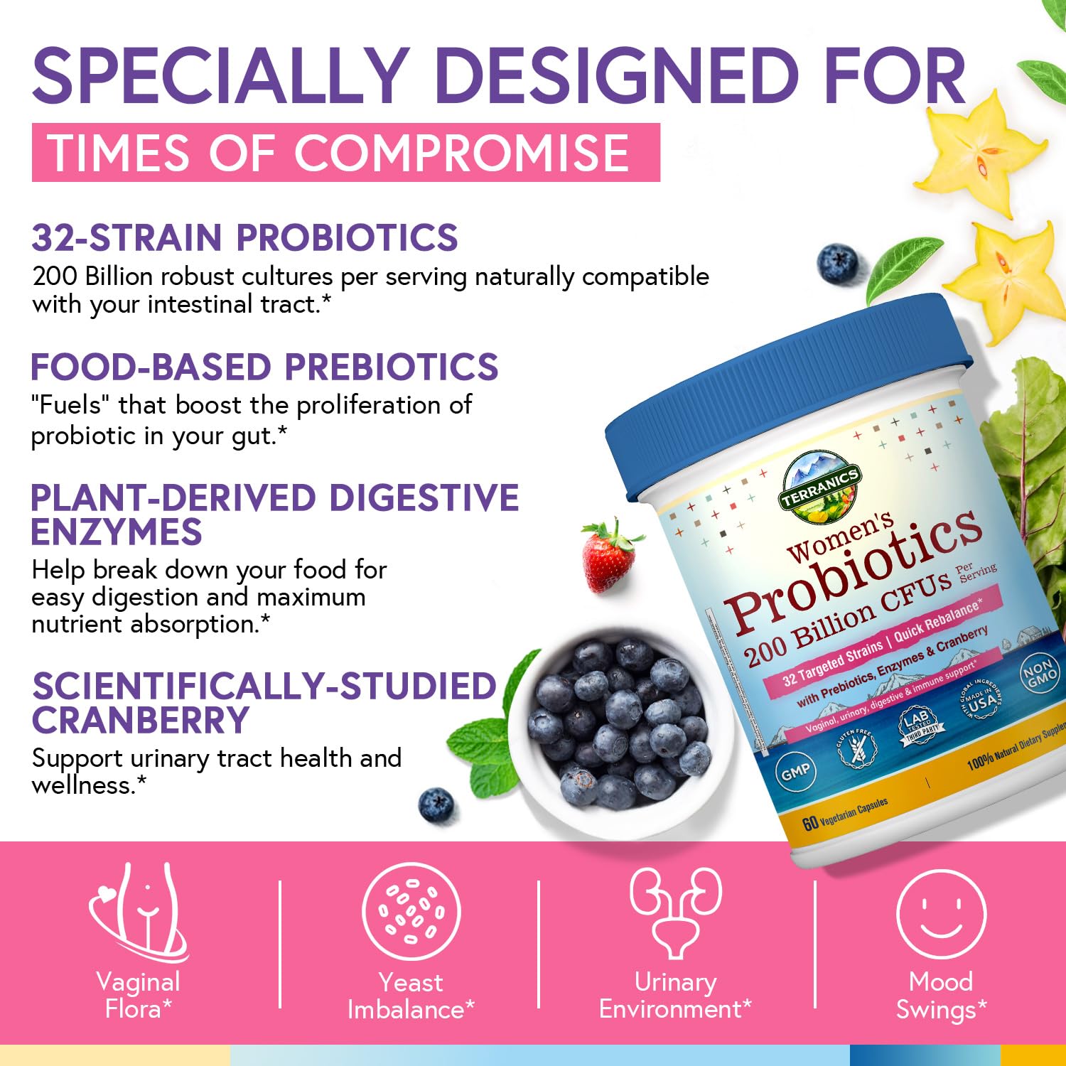 Terranics Daily Probiotics for Women – 60 Vegan Caps, 200B CFU, 32 Strains | Cranberry & Prebiotics