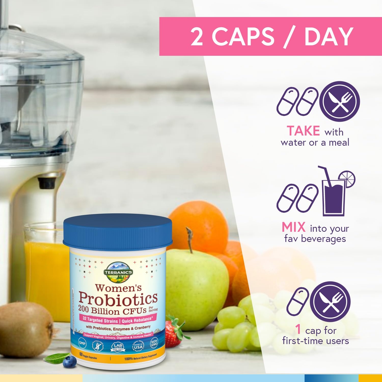 Terranics Daily Probiotics for Women – 60 Vegan Caps, 200B CFU, 32 Strains | Cranberry & Prebiotics