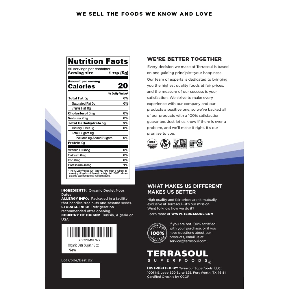 Terrasoul Organic Date Sugar 1 Lb - Low Glycemic, Unrefined | Pack of 2
